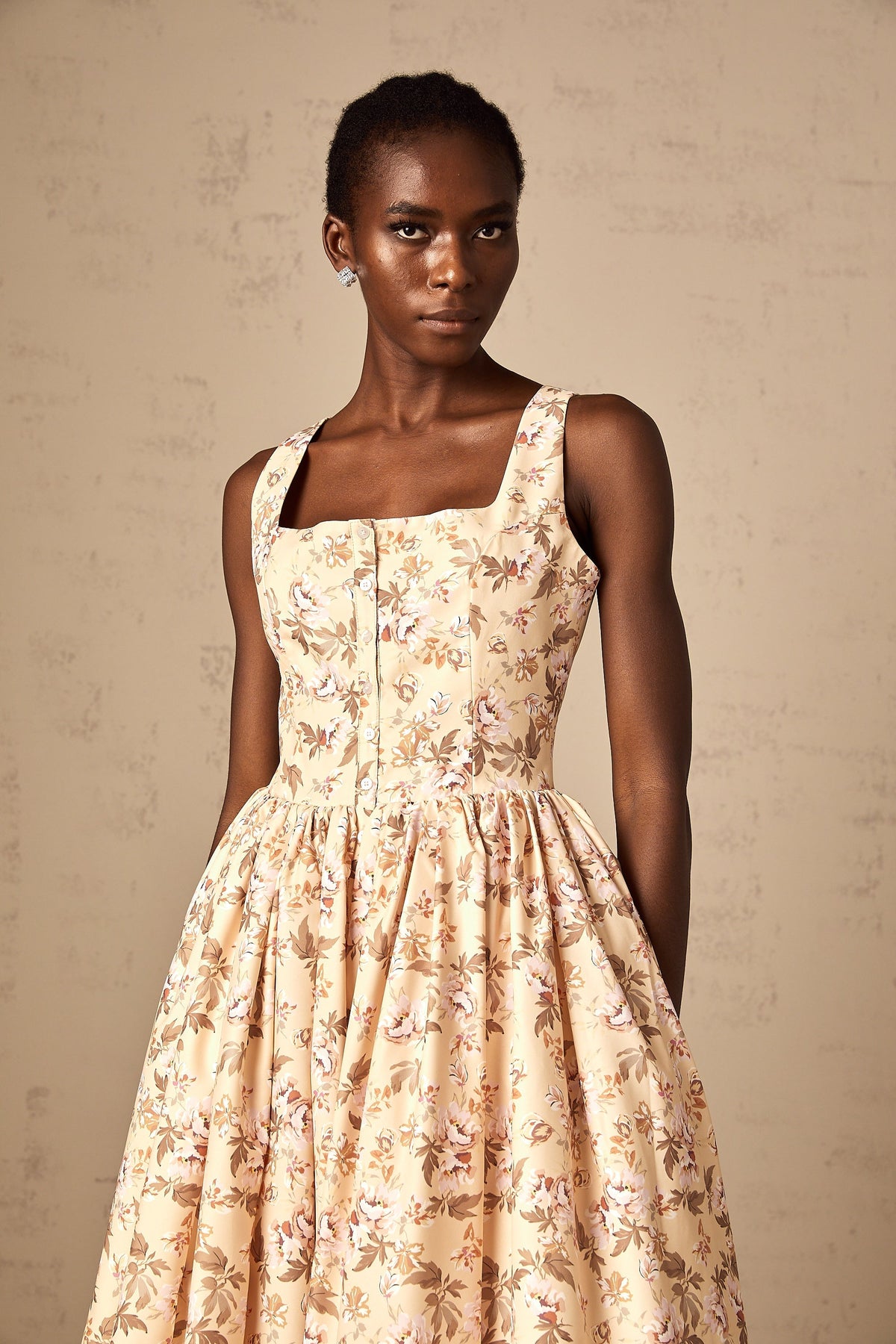 Alizée yellow floral-print buttoned midi dress