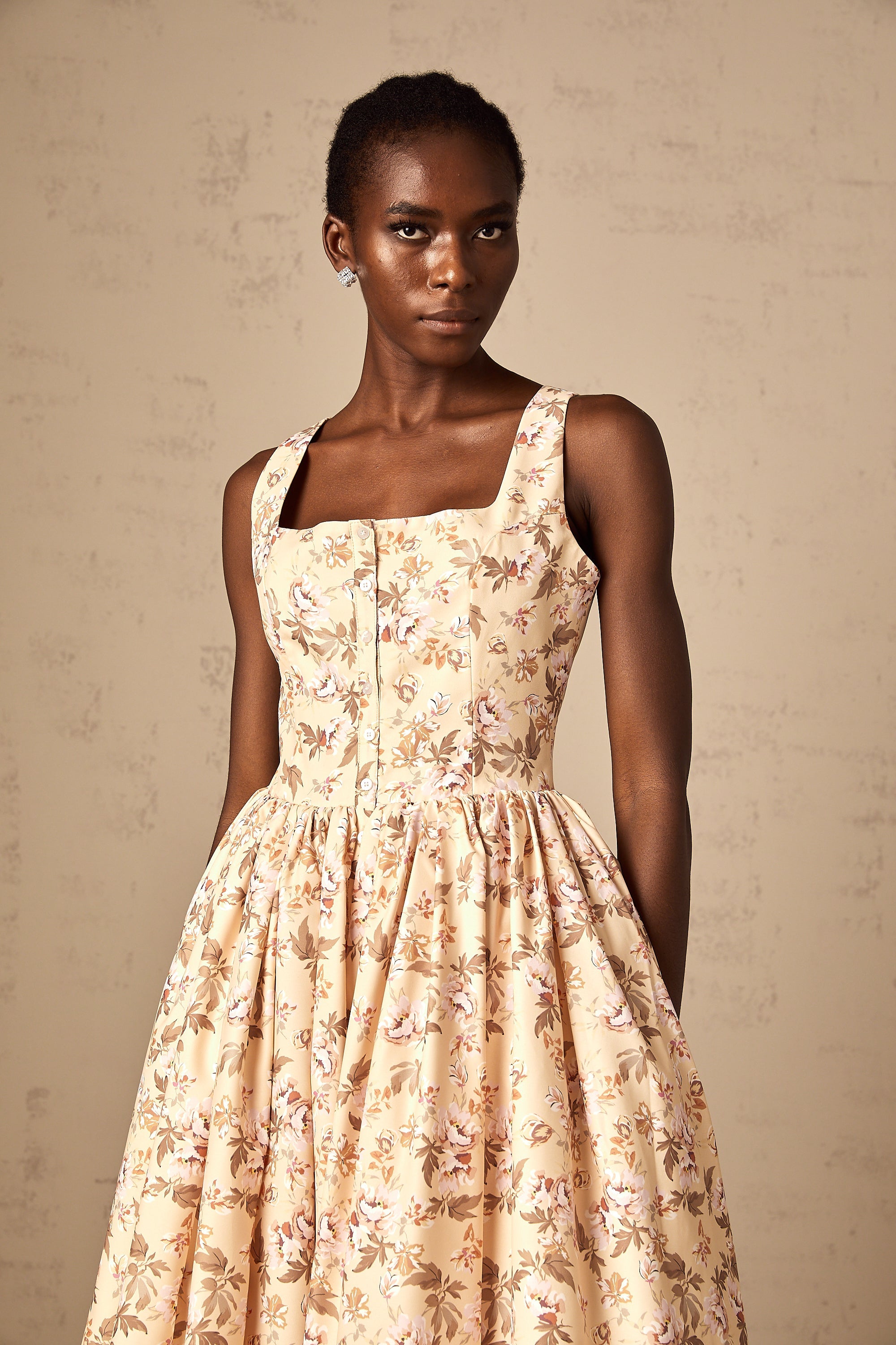 Alizée yellow floral-print buttoned midi dress