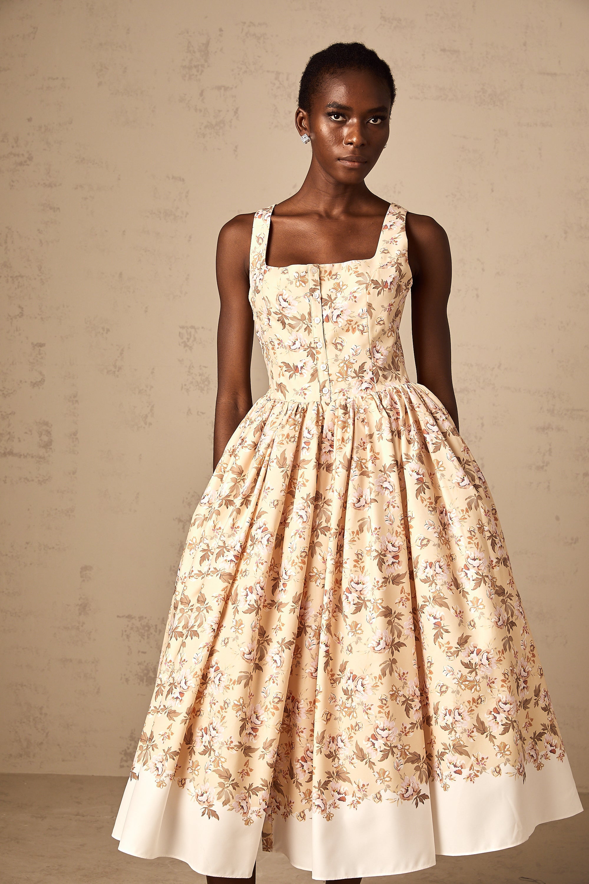 Alizée yellow floral-print buttoned midi dress