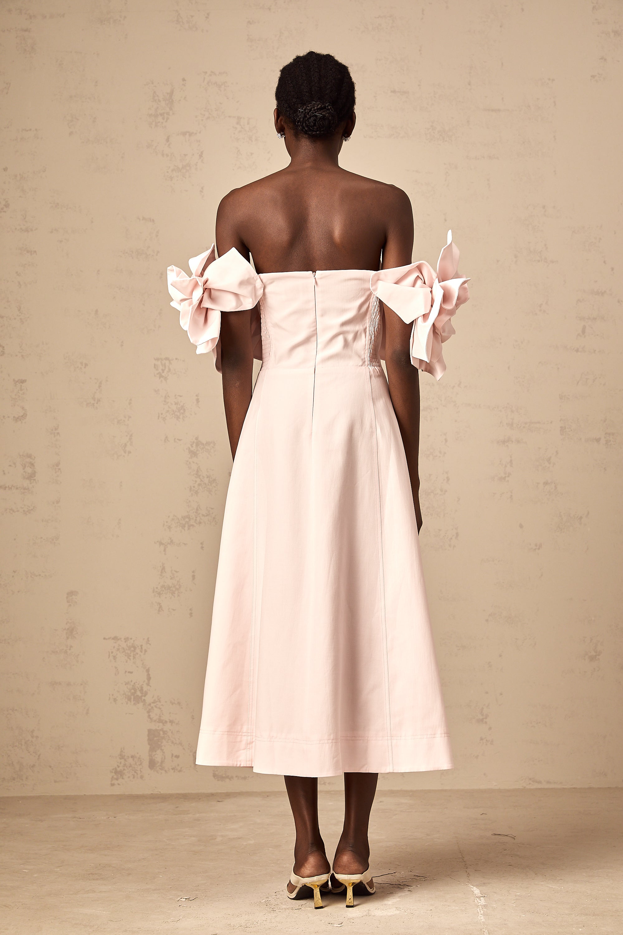 Juliette pink off-shoulder 3D-petal midi dress (Final Sale-US Only)