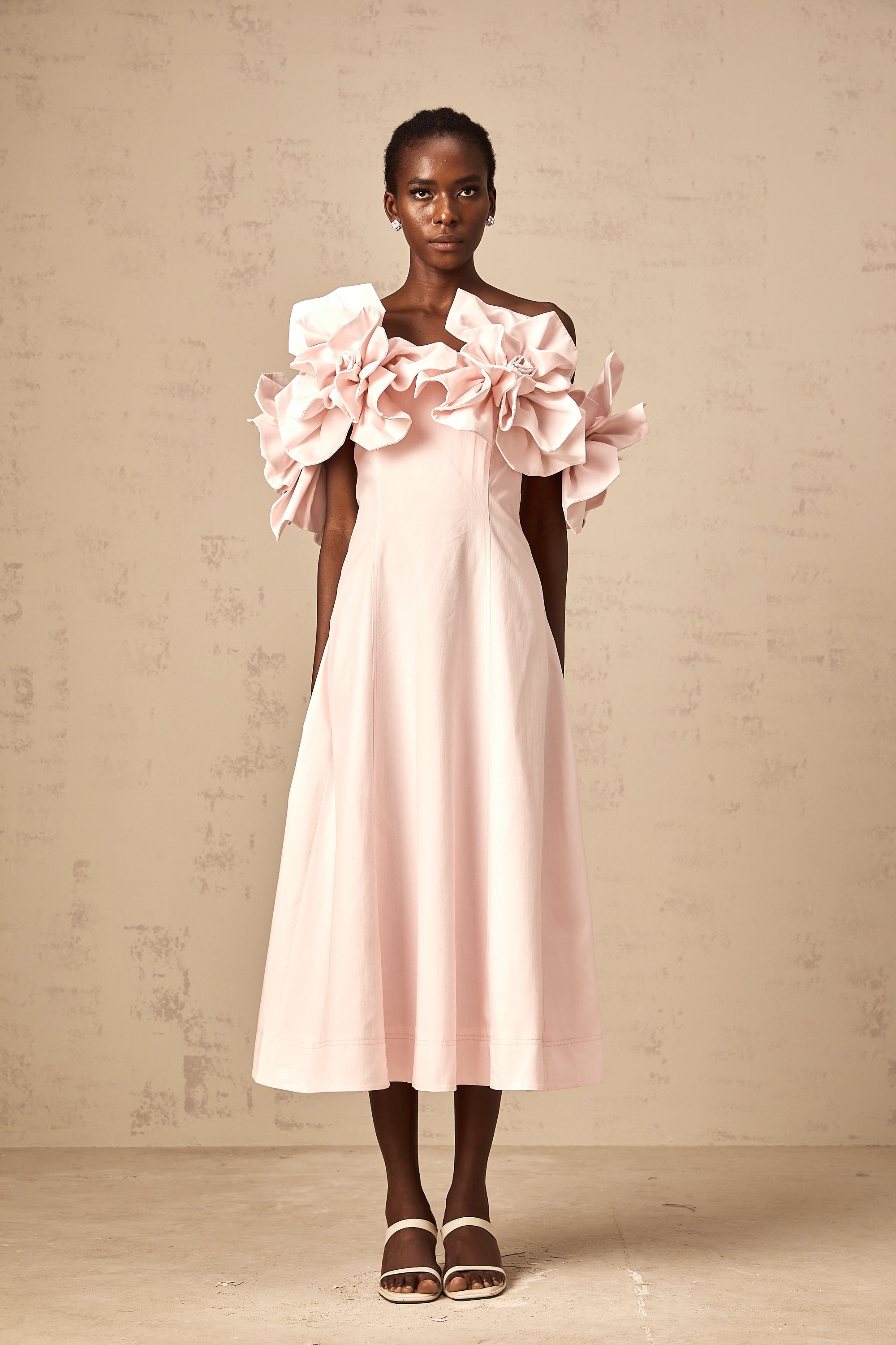 Juliette pink off-shoulder 3D-petal midi dress (Final Sale-US Only)