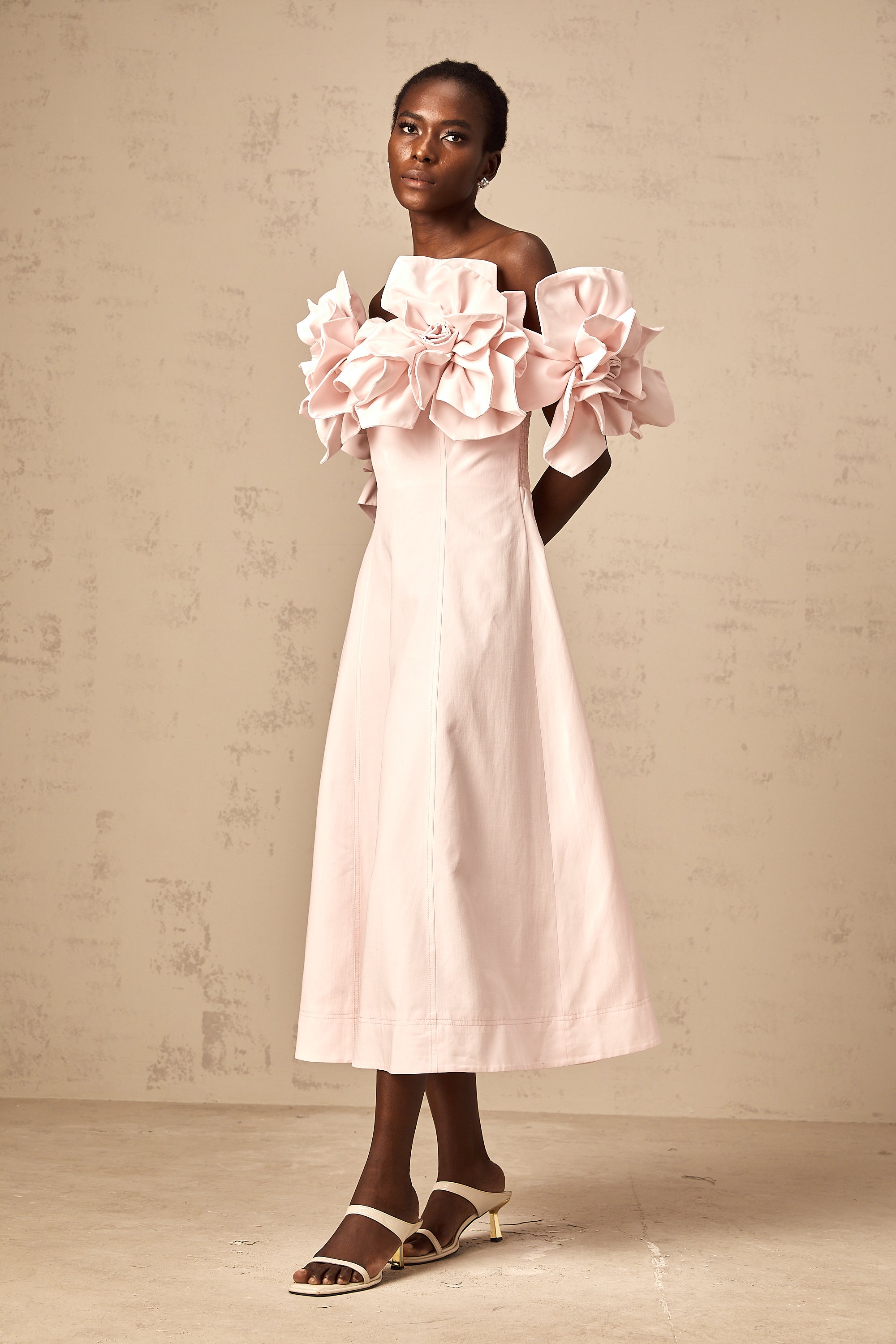 Juliette pink off-shoulder 3D-petal midi dress (Final Sale-US Only)