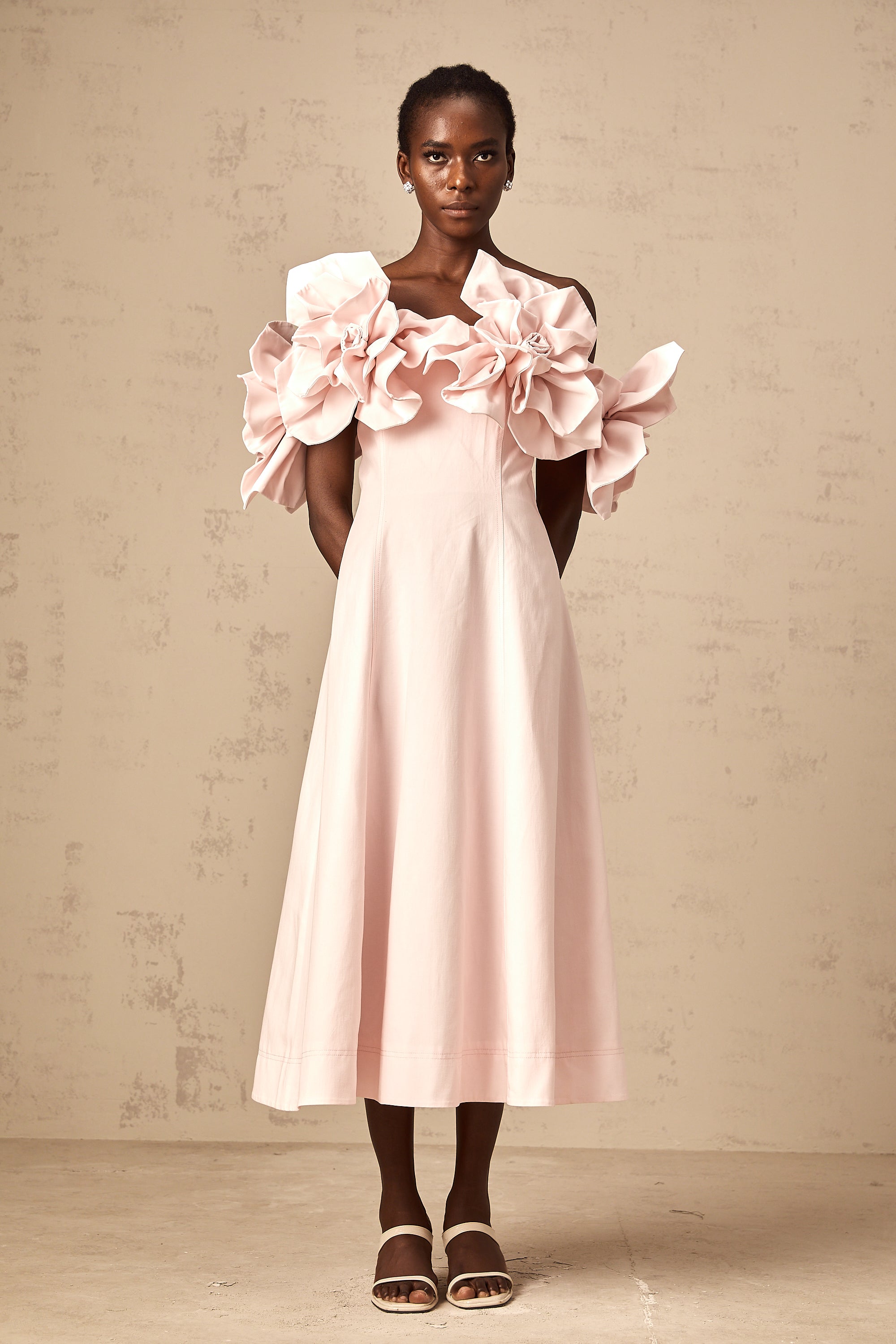 Juliette pink off-shoulder 3D-petal midi dress (Final Sale-US Only)
