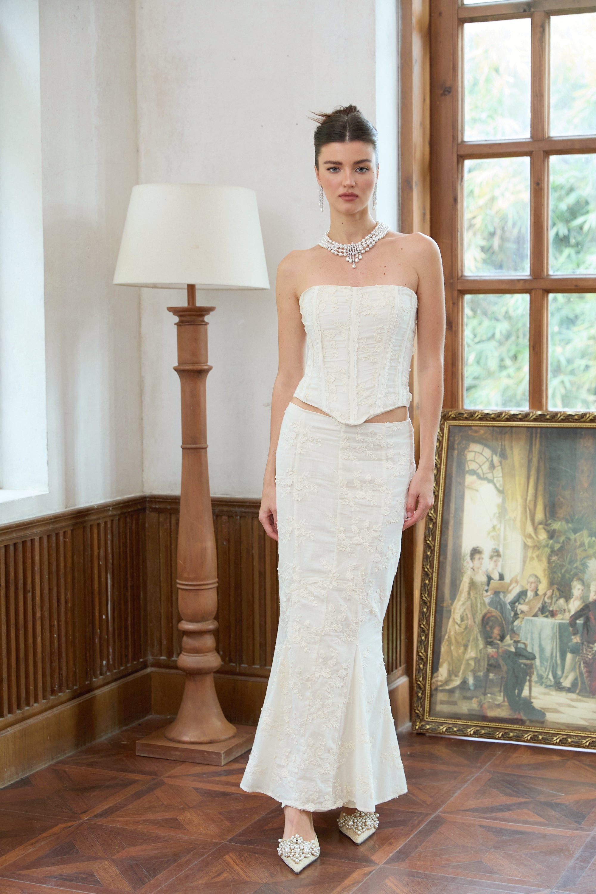 Margot white embroidered top & skirt matching set