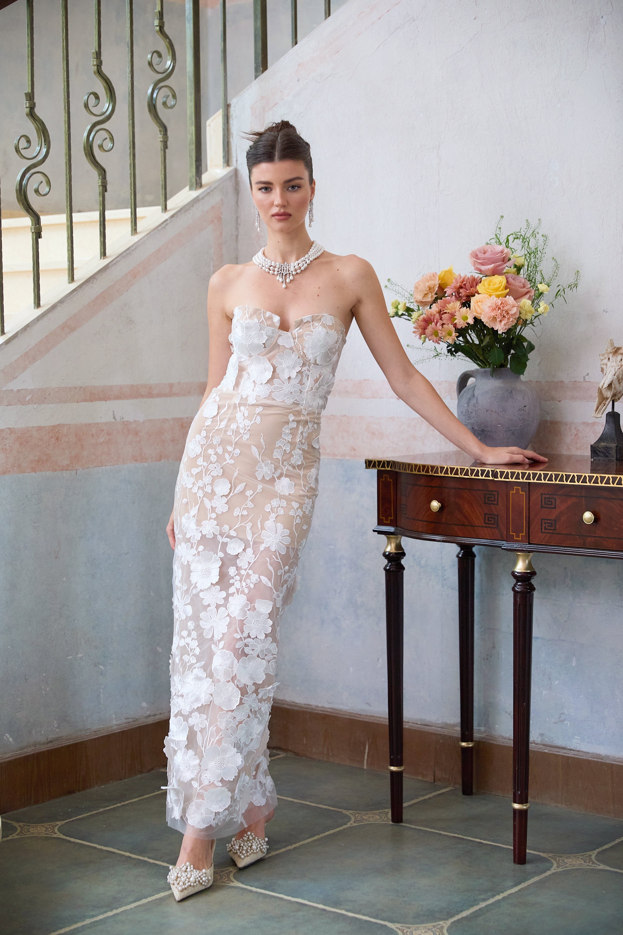 Brigitte white floral-appliqué corset maxi dress