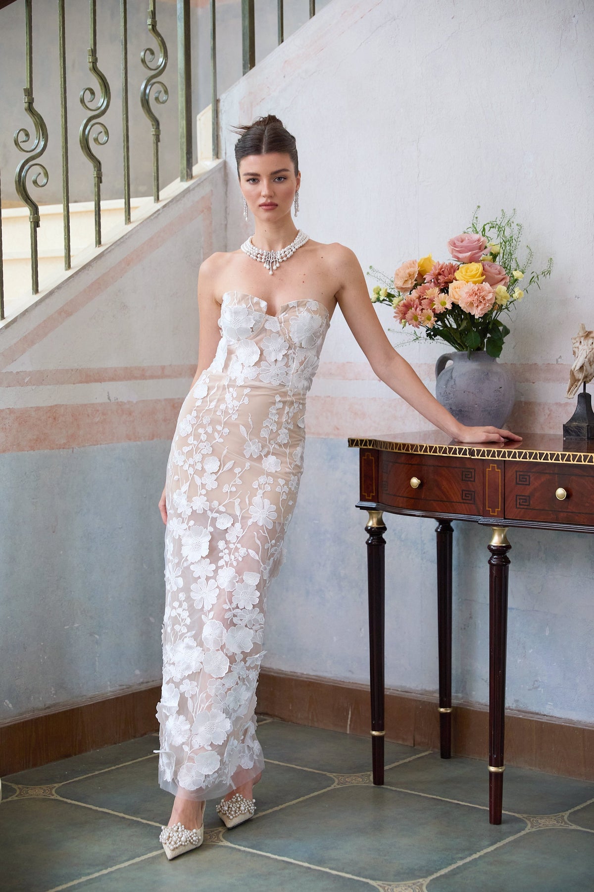 Brigitte white floral-appliqué corset maxi dress