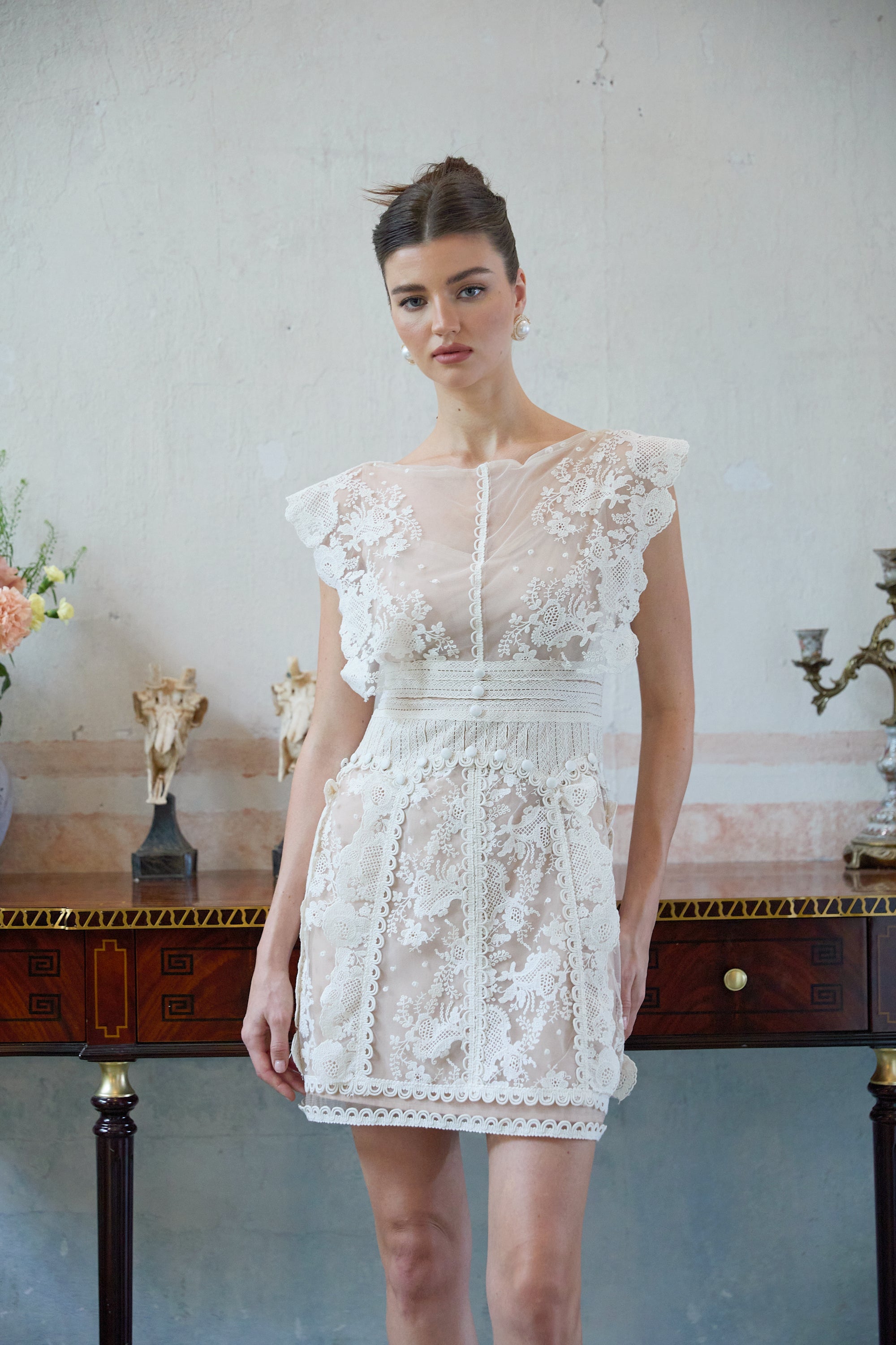 Maïa white floral-embroidered lace mini dress