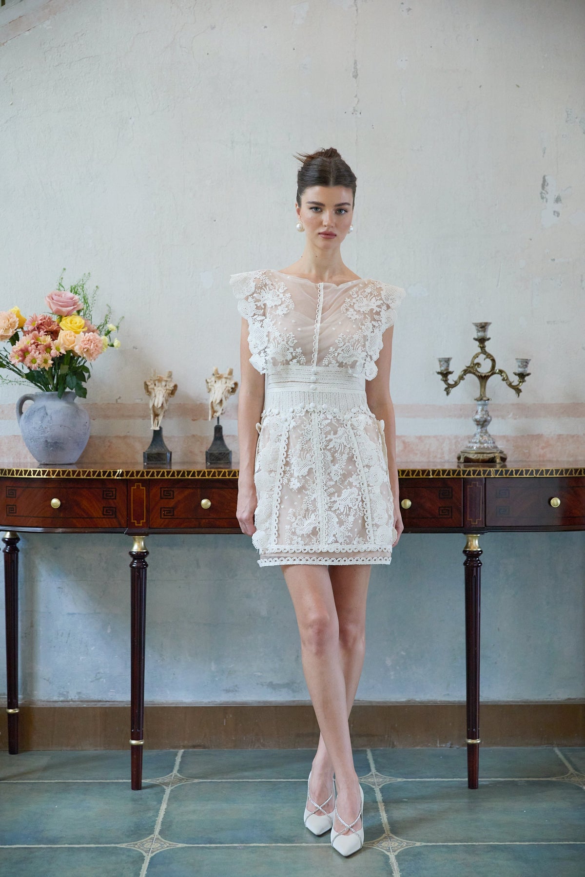 Maïa white floral-embroidered lace mini dress
