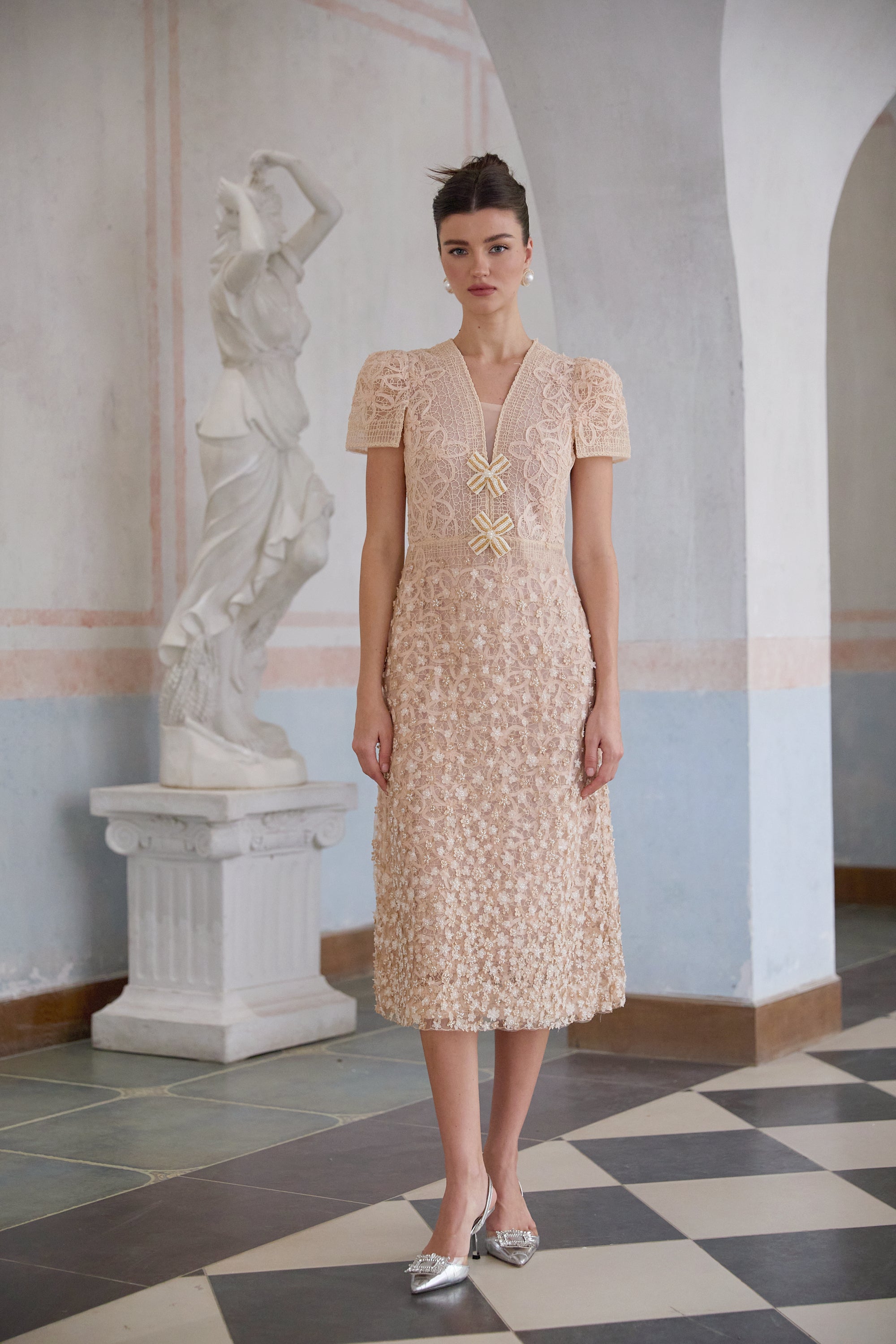 Bérengère neutrals faux-flower crochet midi dress