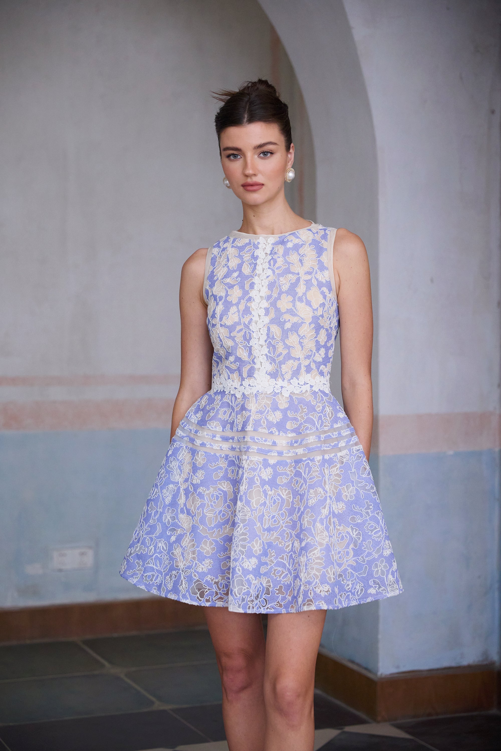 Brigitte blue crochet-lace puff mini dress