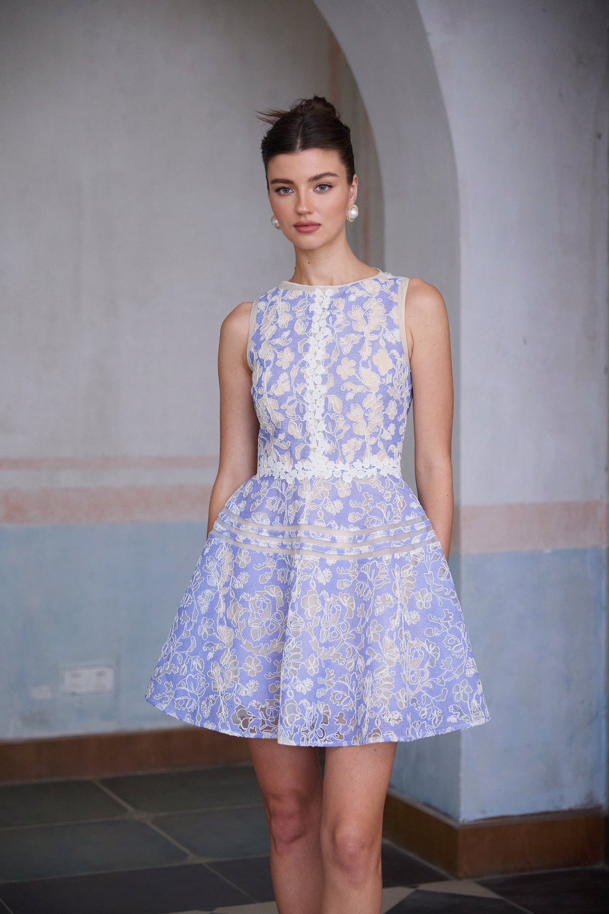 Brigitte blue crochet-lace puff mini dress