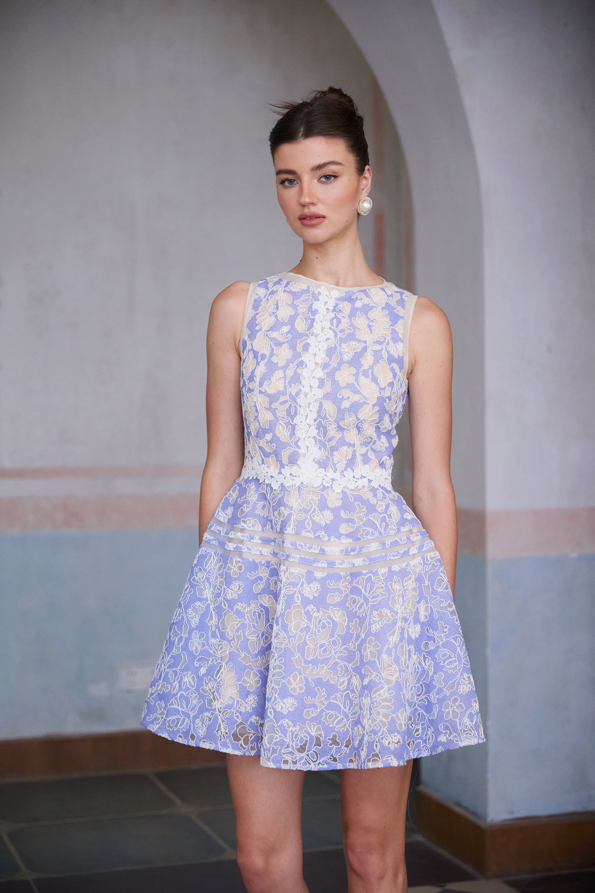 Brigitte blue crochet-lace puff mini dress
