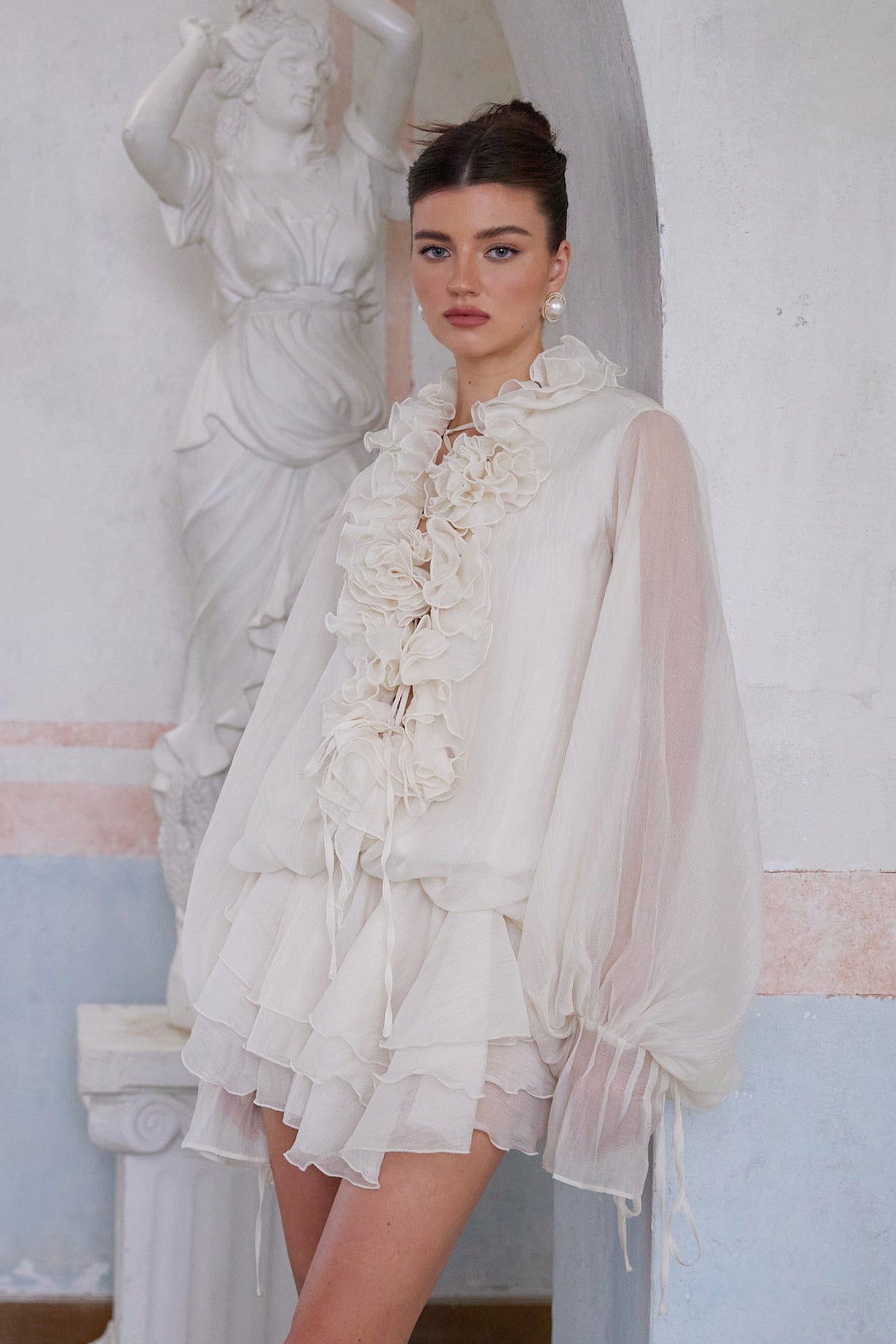 Zéphyrine floral-appliqué tiered mini dress in Neutrals (Final Sale-US Only)