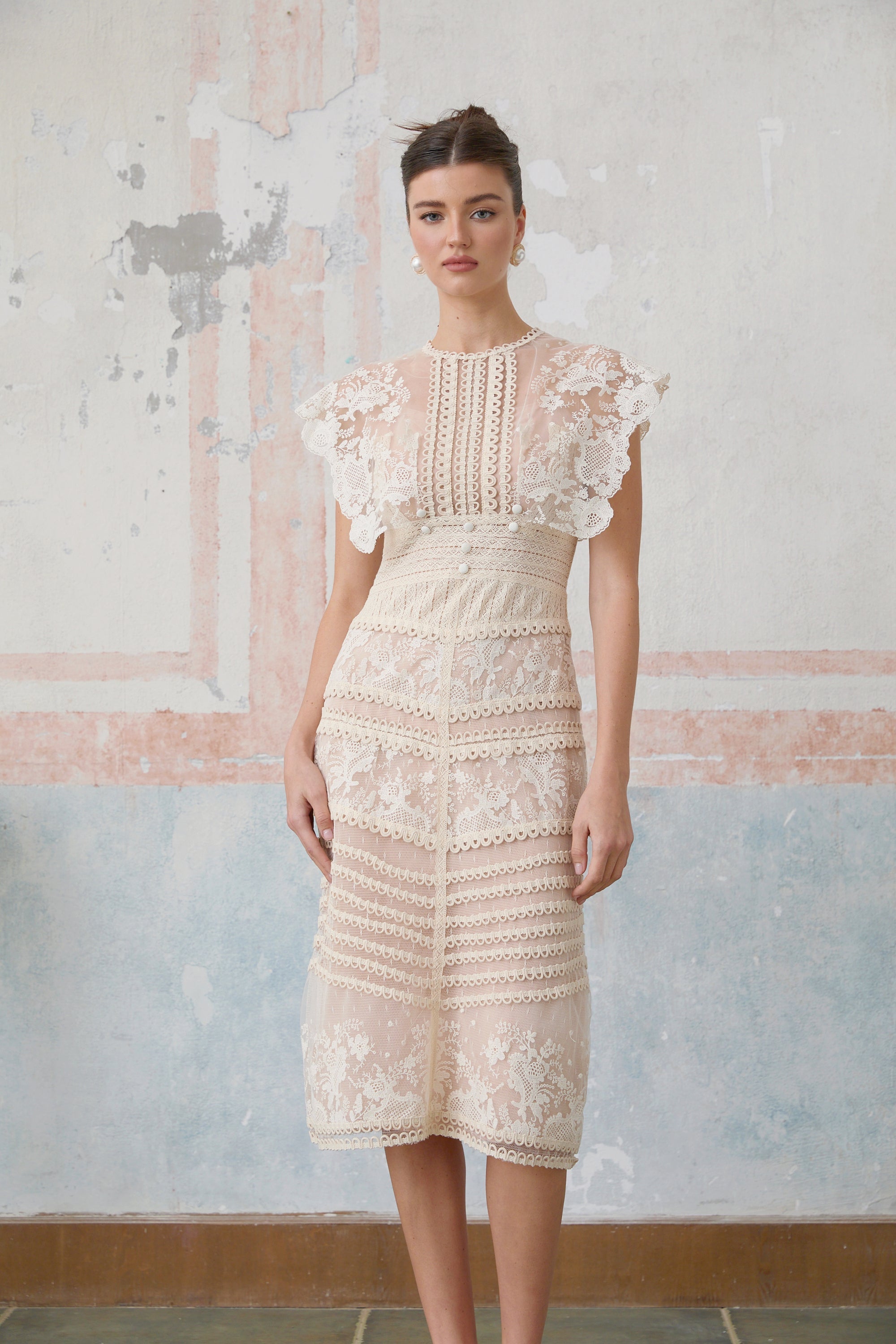 Fleur floral-embroidered lace midi dress in Neutrals (Final Sale-US Only)
