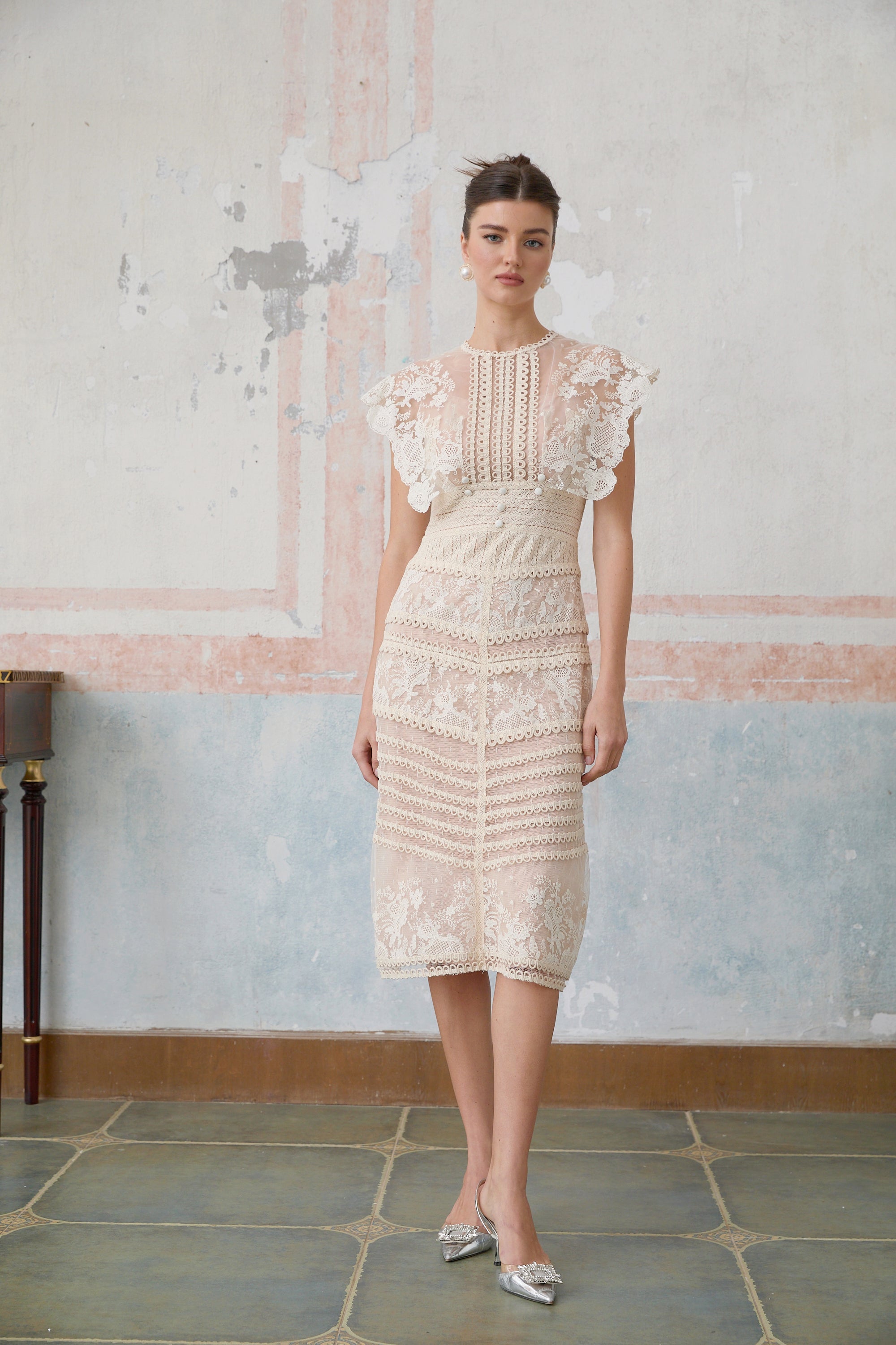 Fleur floral-embroidered lace midi dress in Neutrals (Final Sale-US Only)