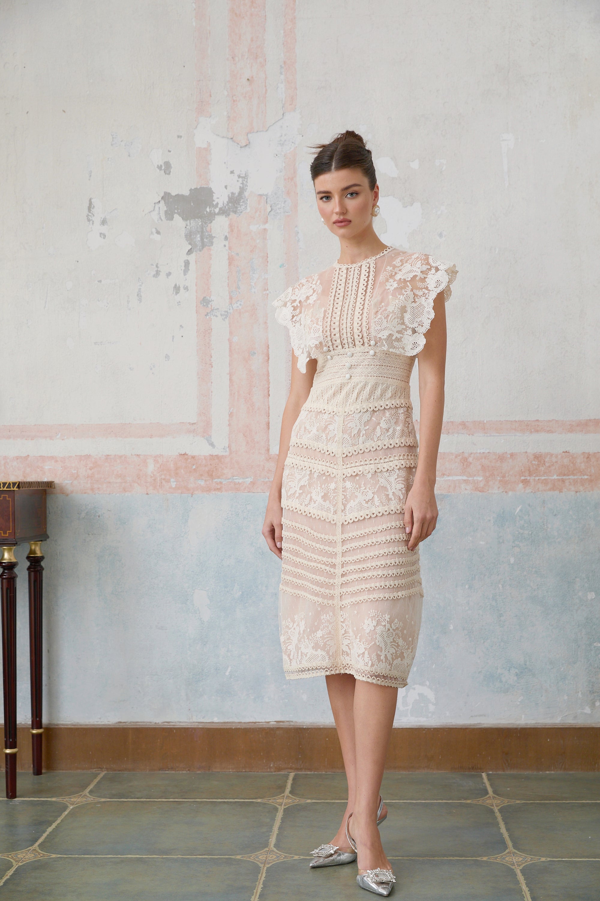 Fleur floral-embroidered lace midi dress in Neutrals (Final Sale-US Only)