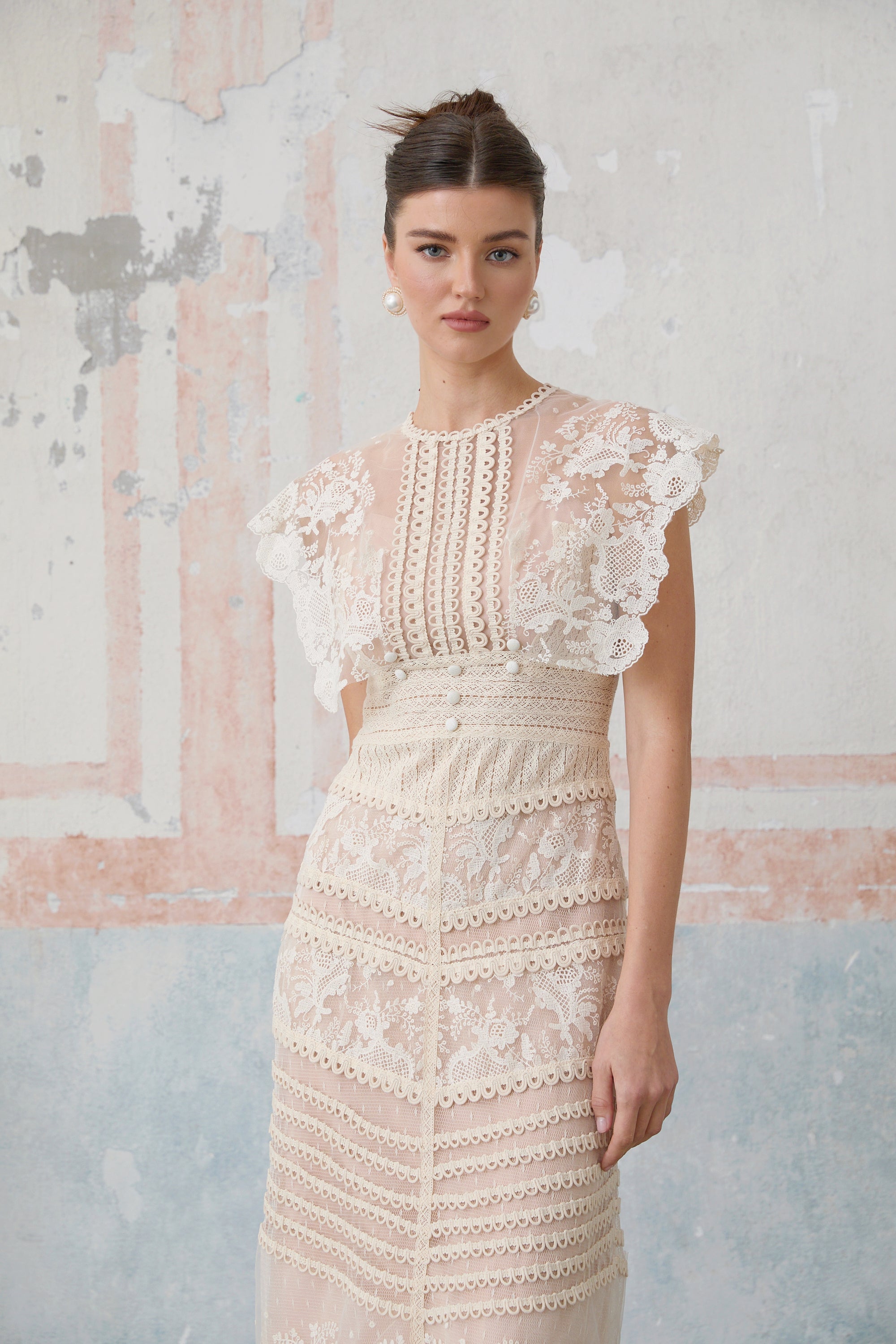 Fleur floral-embroidered lace midi dress in Neutrals (Final Sale-US Only)