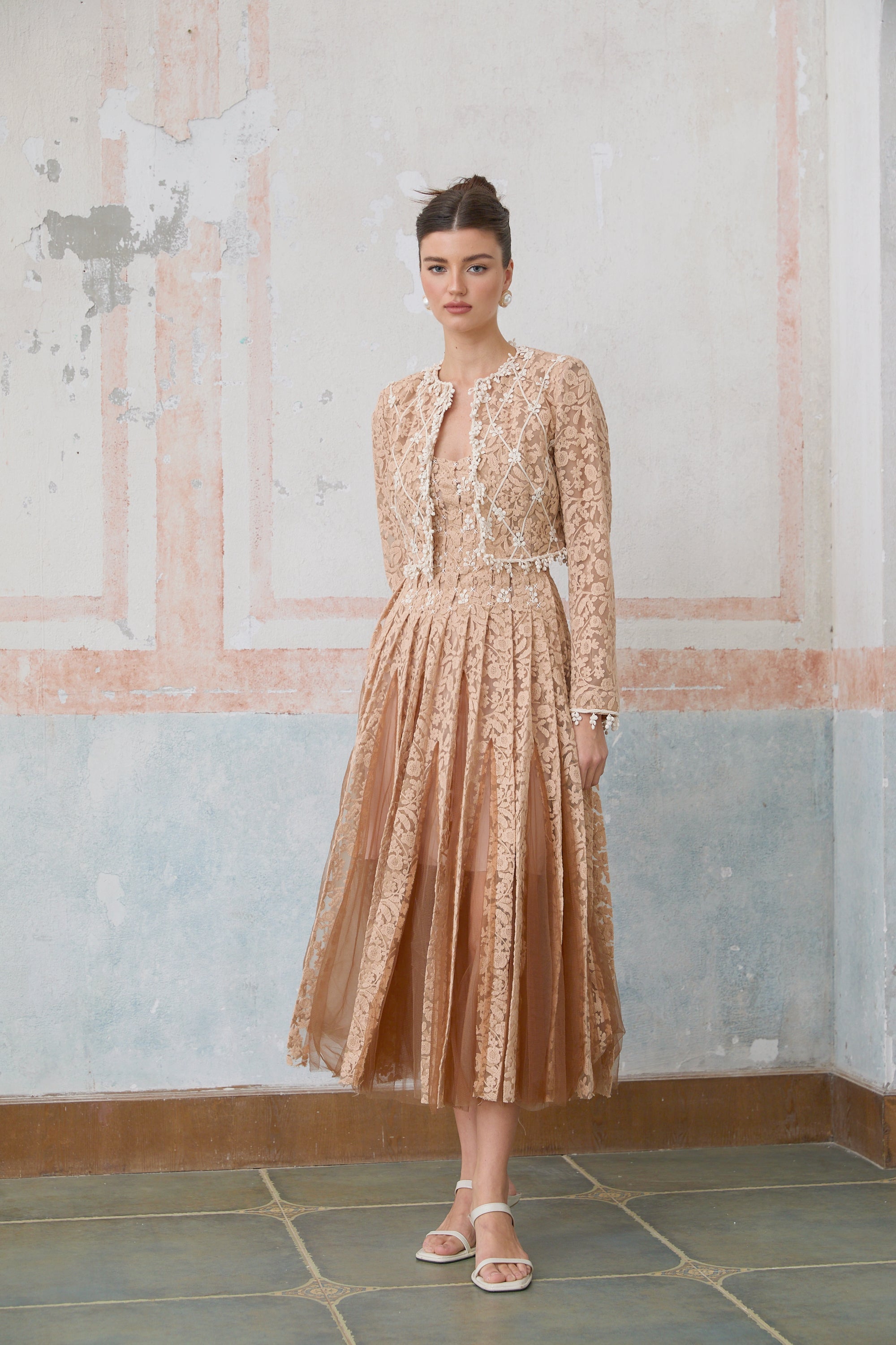 Axelle neutrals crochet-lace cardigan & dress matching set