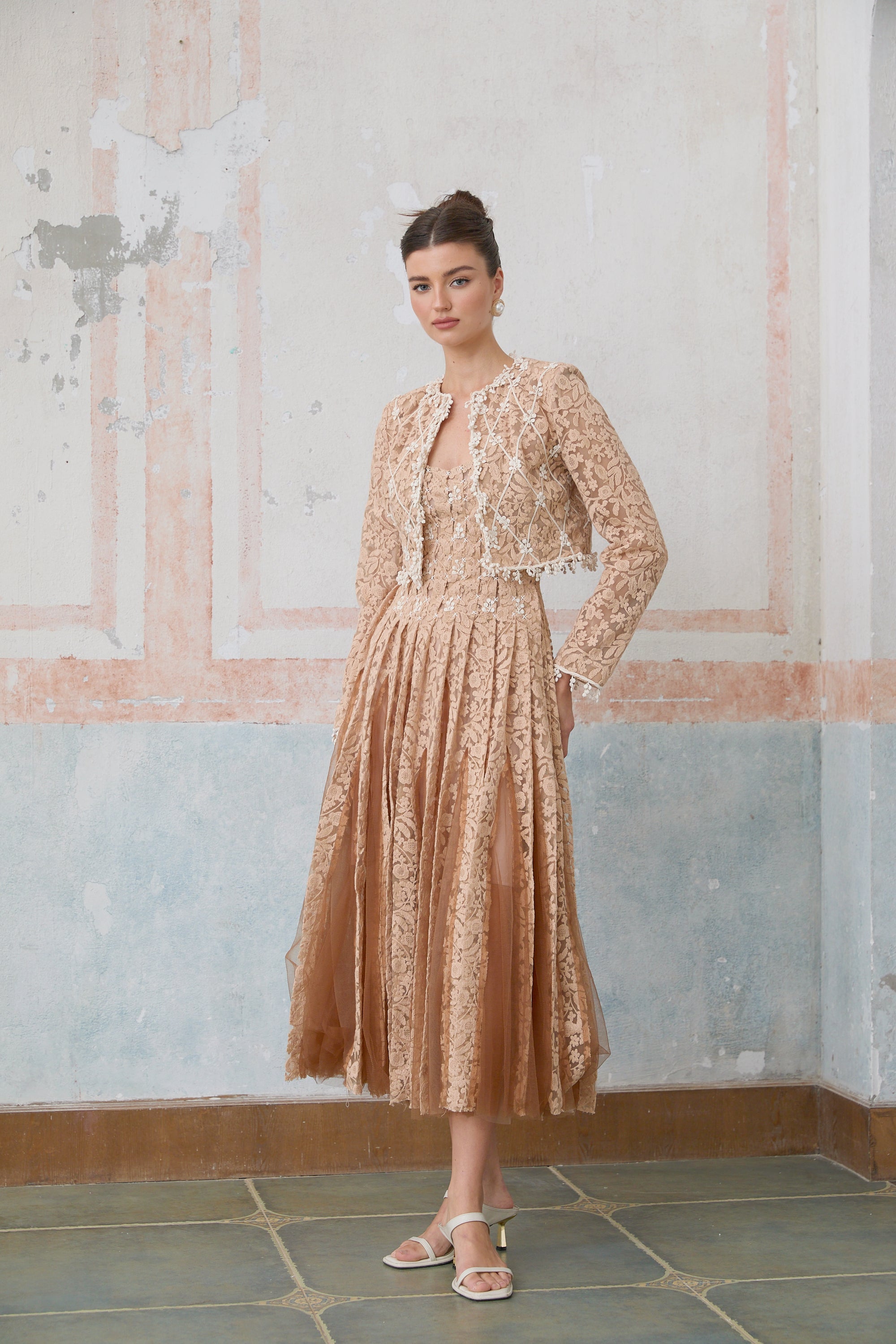Axelle neutrals crochet-lace cardigan & dress matching set