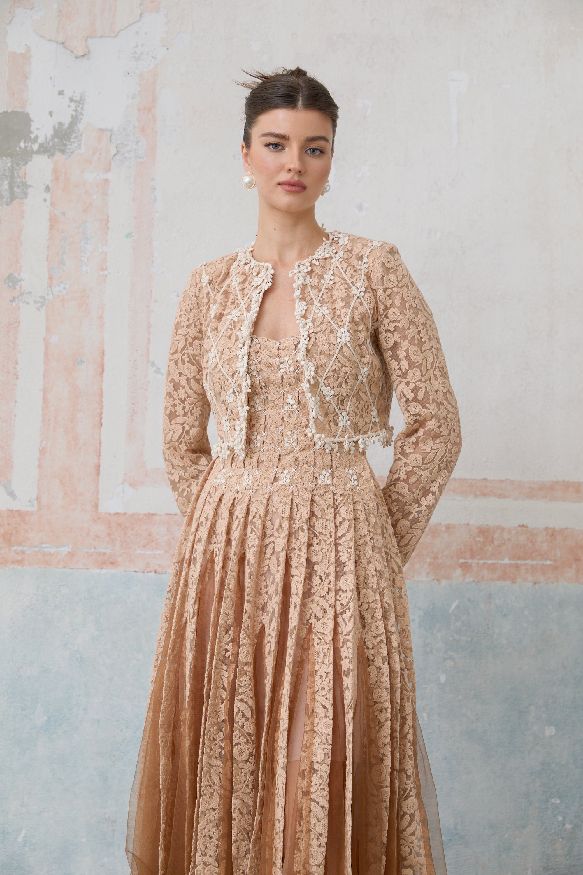 Axelle neutrals crochet-lace cardigan & dress matching set