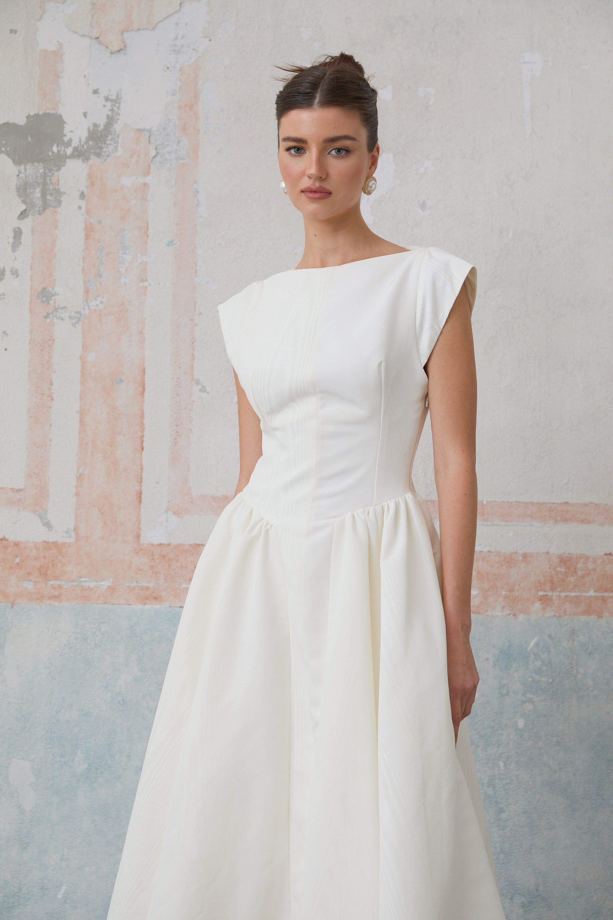 Amandine white open-back cap-sleeve midi dress