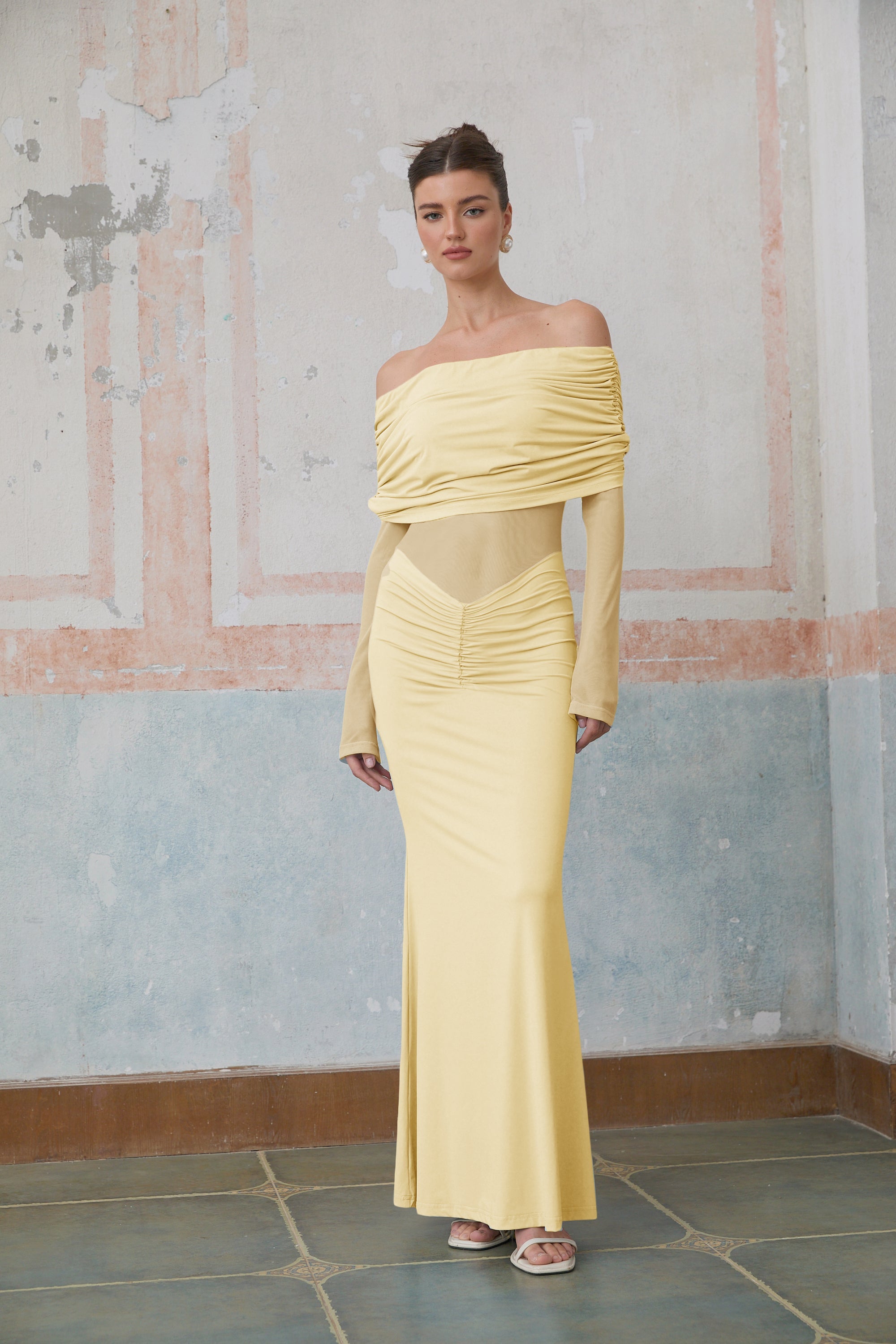 Ninon Yellow Off Shoulder Ruched Maxi Dress (Final Sale)