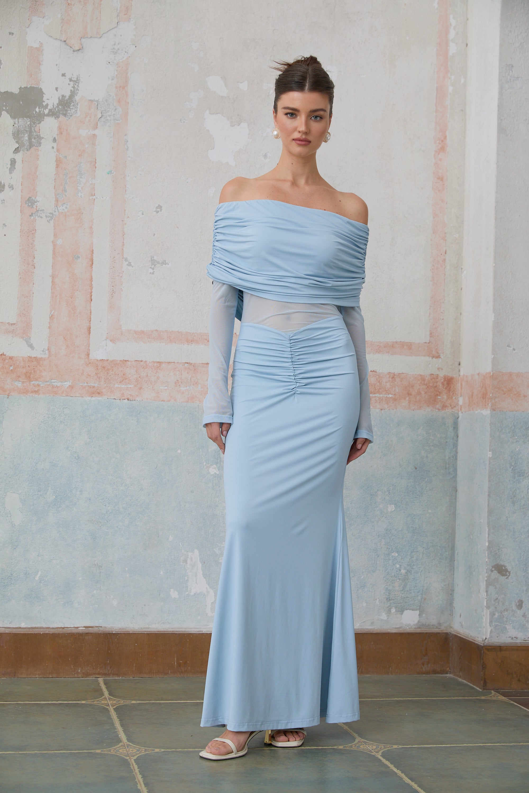 Ninon blue off-shoulder ruched maxi dress