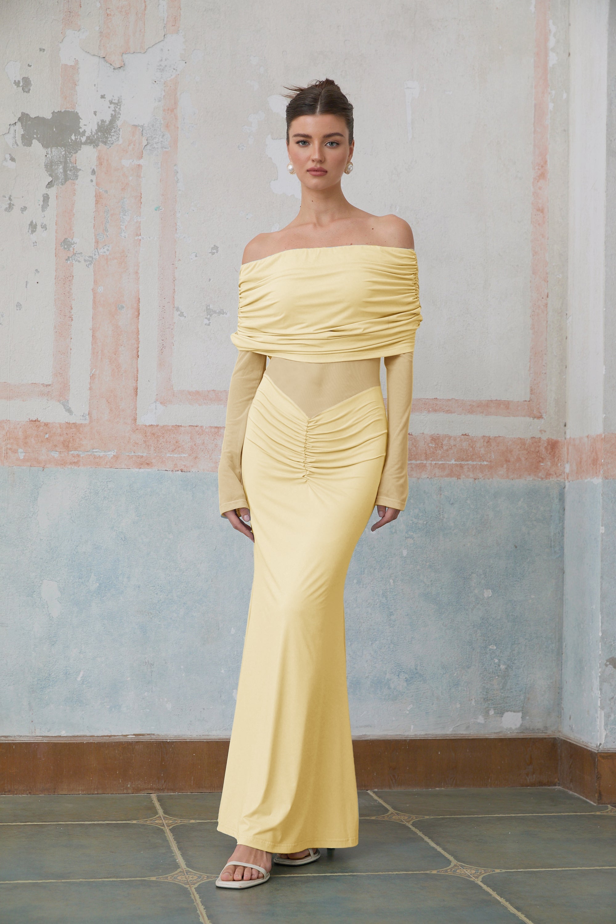 Ninon Yellow Off Shoulder Ruched Maxi Dress (Final Sale)