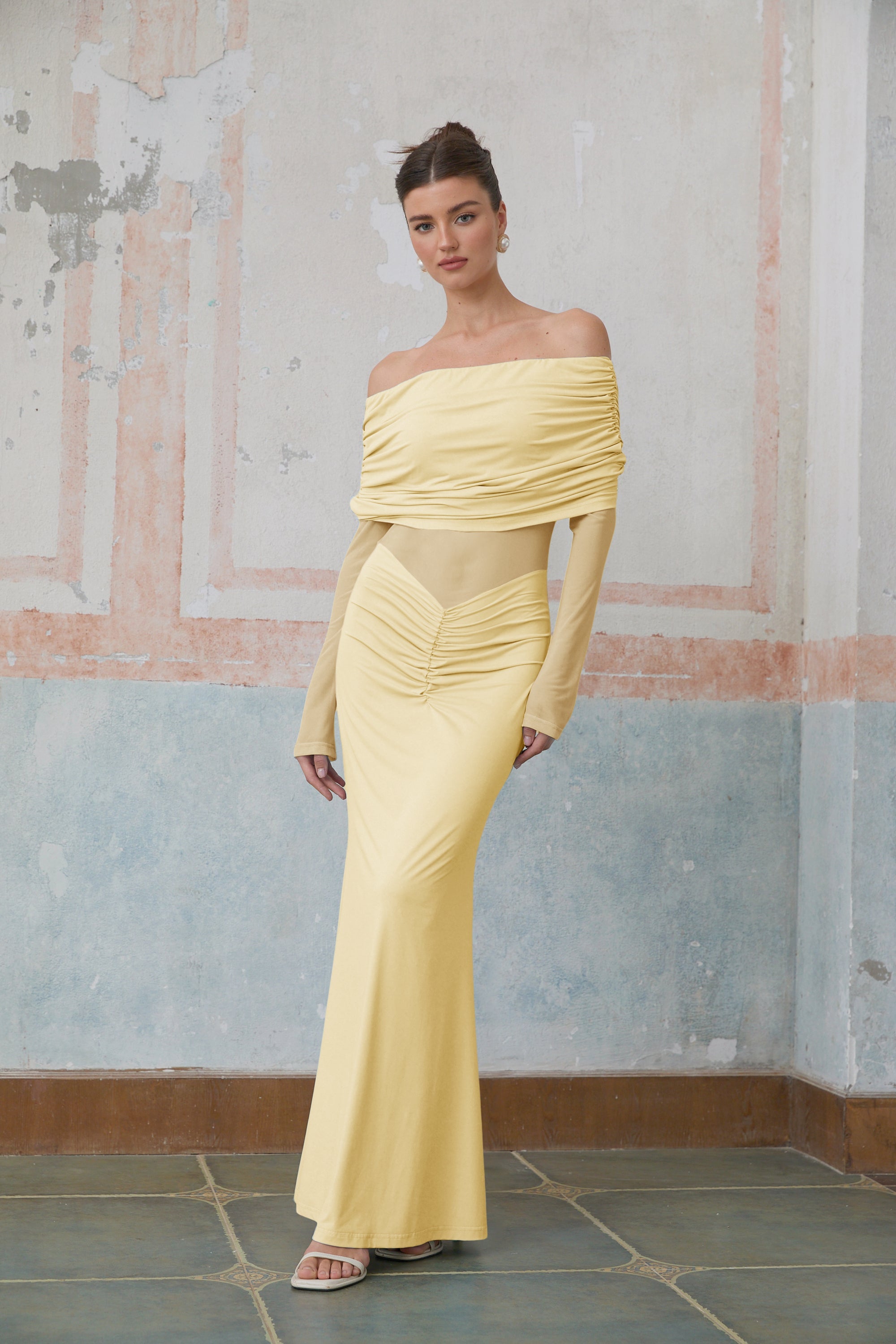 Ninon Yellow Off Shoulder Ruched Maxi Dress (Final Sale)