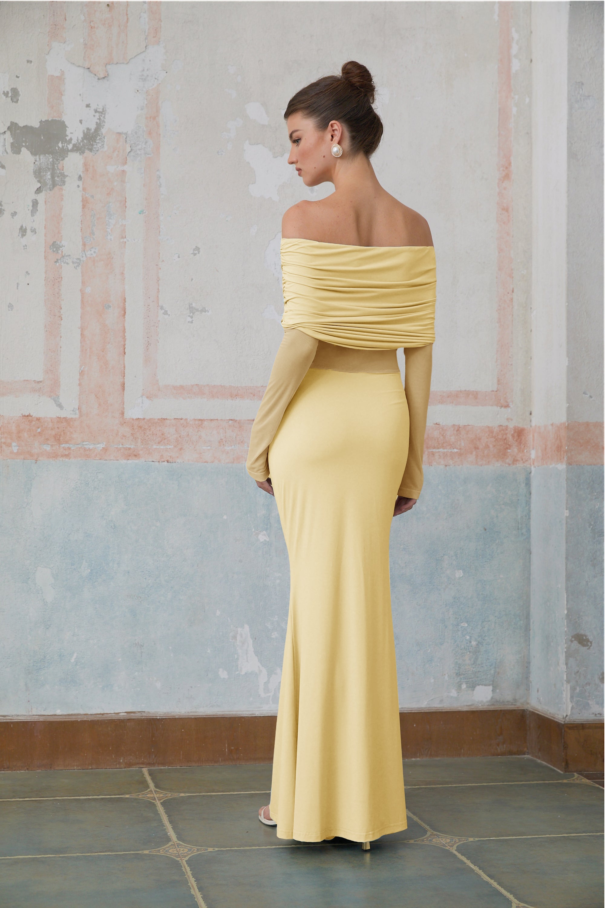 Ninon Yellow Off Shoulder Ruched Maxi Dress (Final Sale)