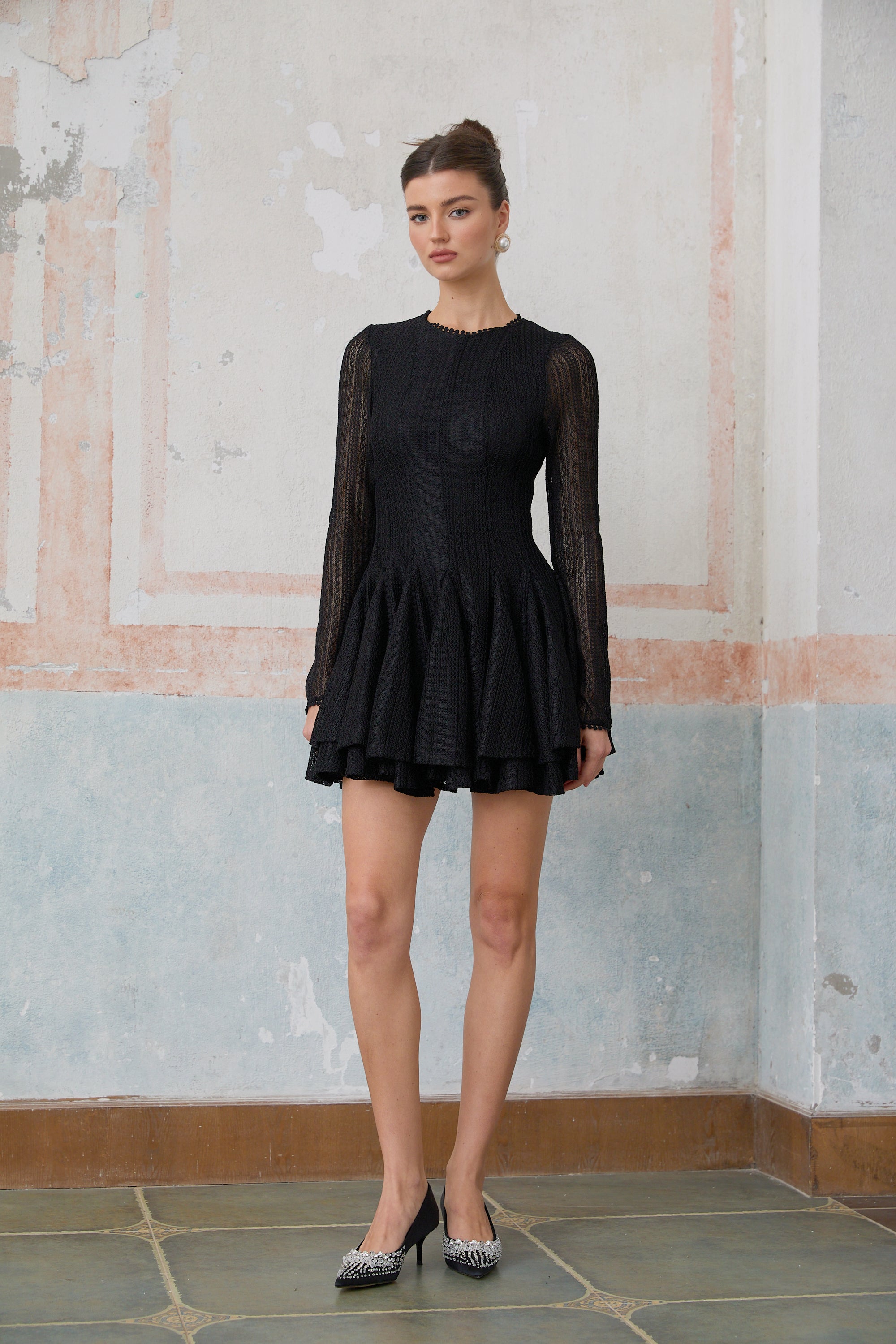 Hélène black pointelle puff mini dress