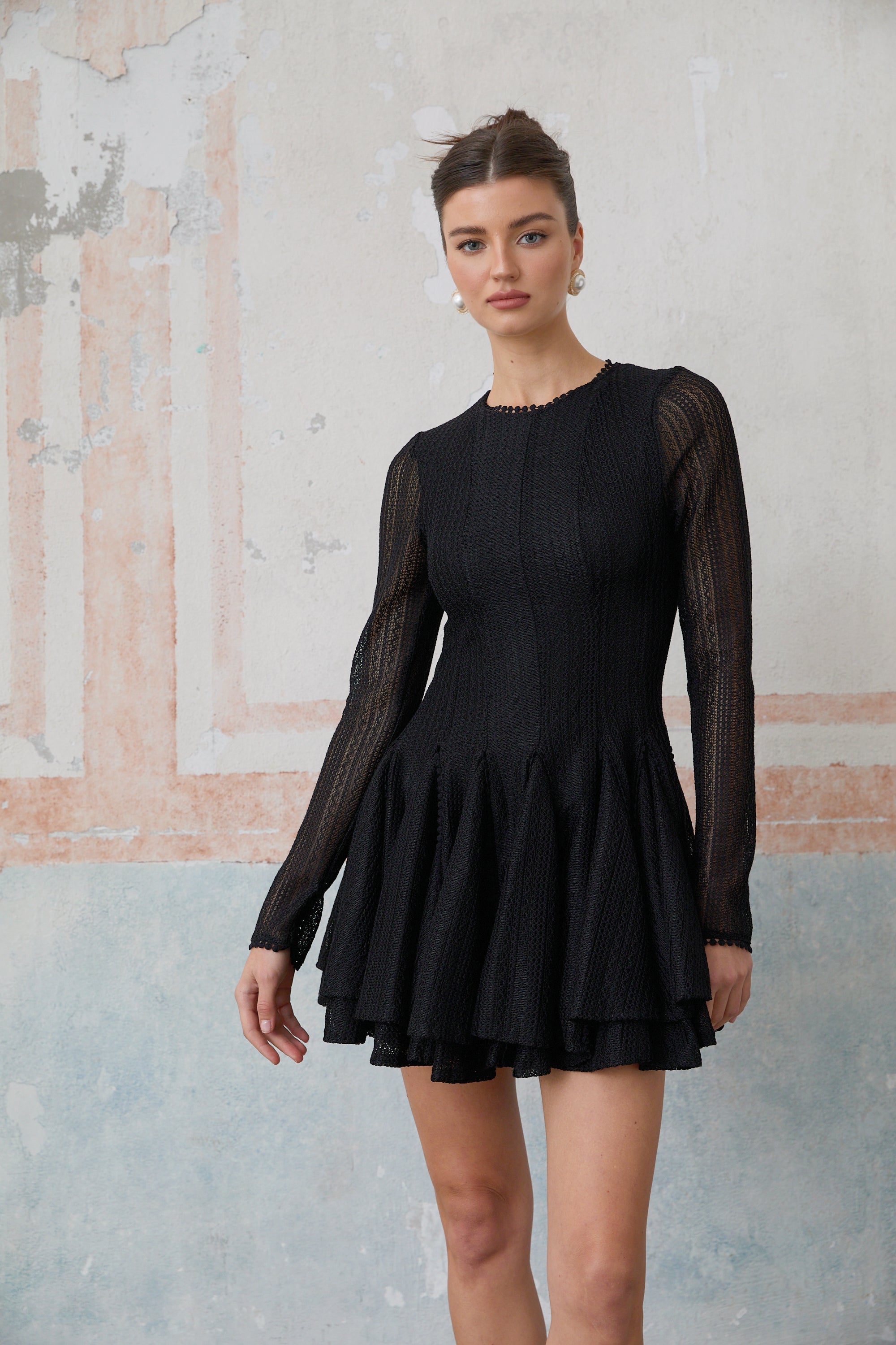 Hélène black pointelle puff mini dress