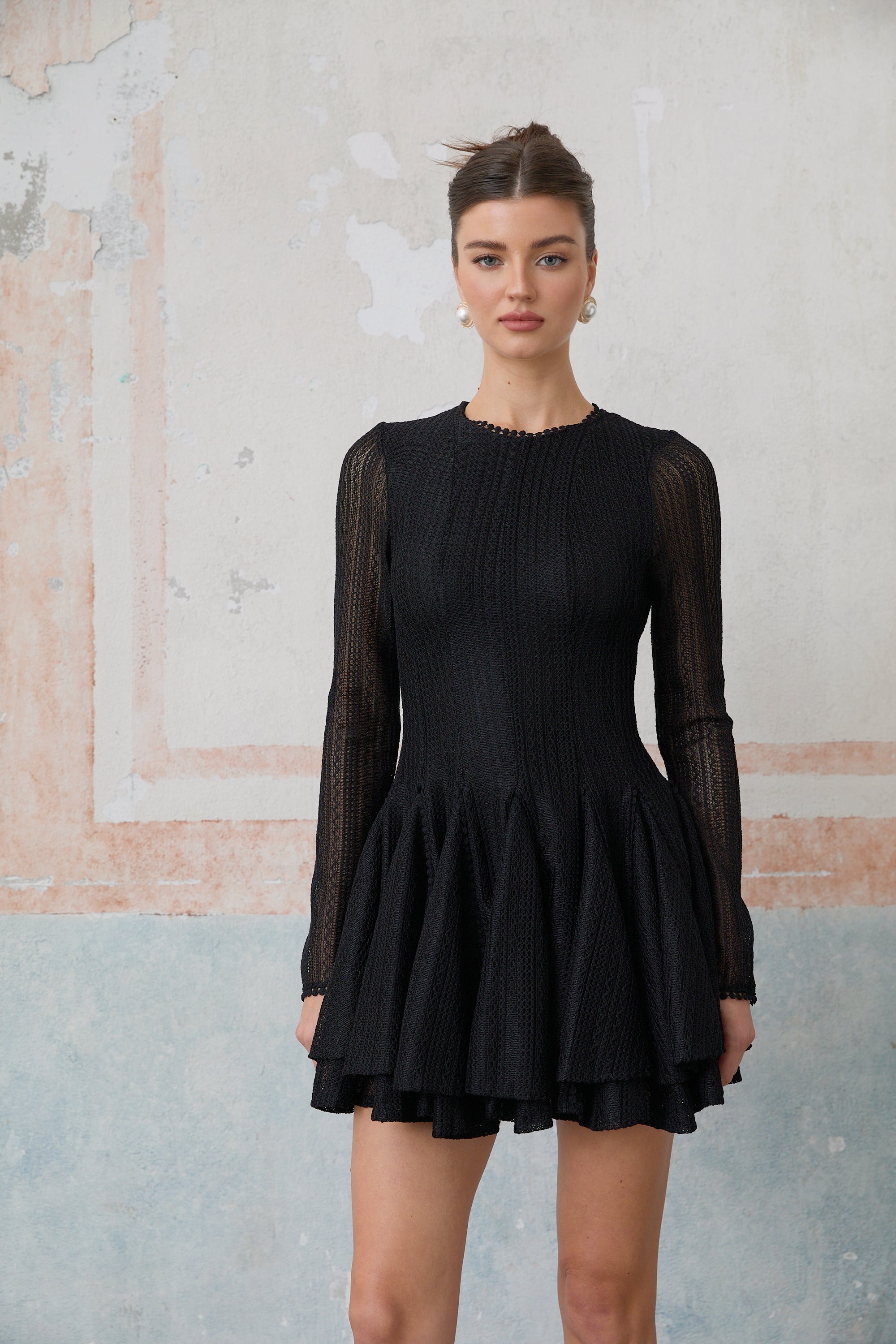 Hélène black pointelle puff mini dress