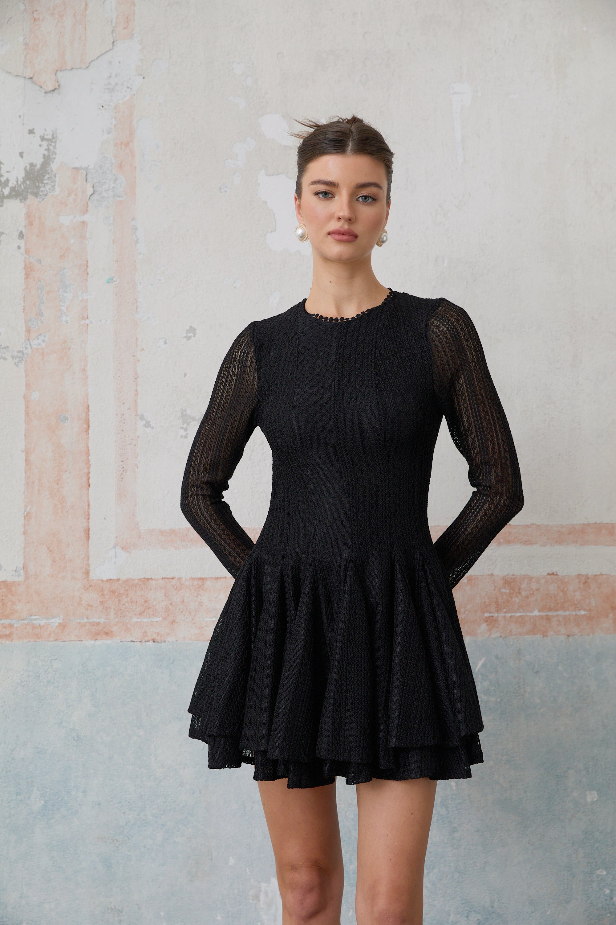 Hélène black pointelle puff mini dress