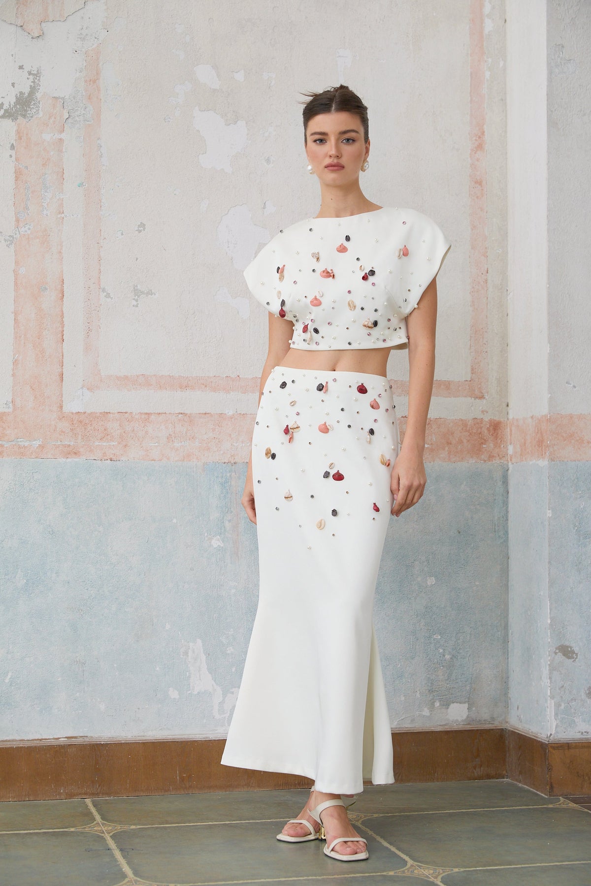 Delphine white shell-embellished top & skirt matching set