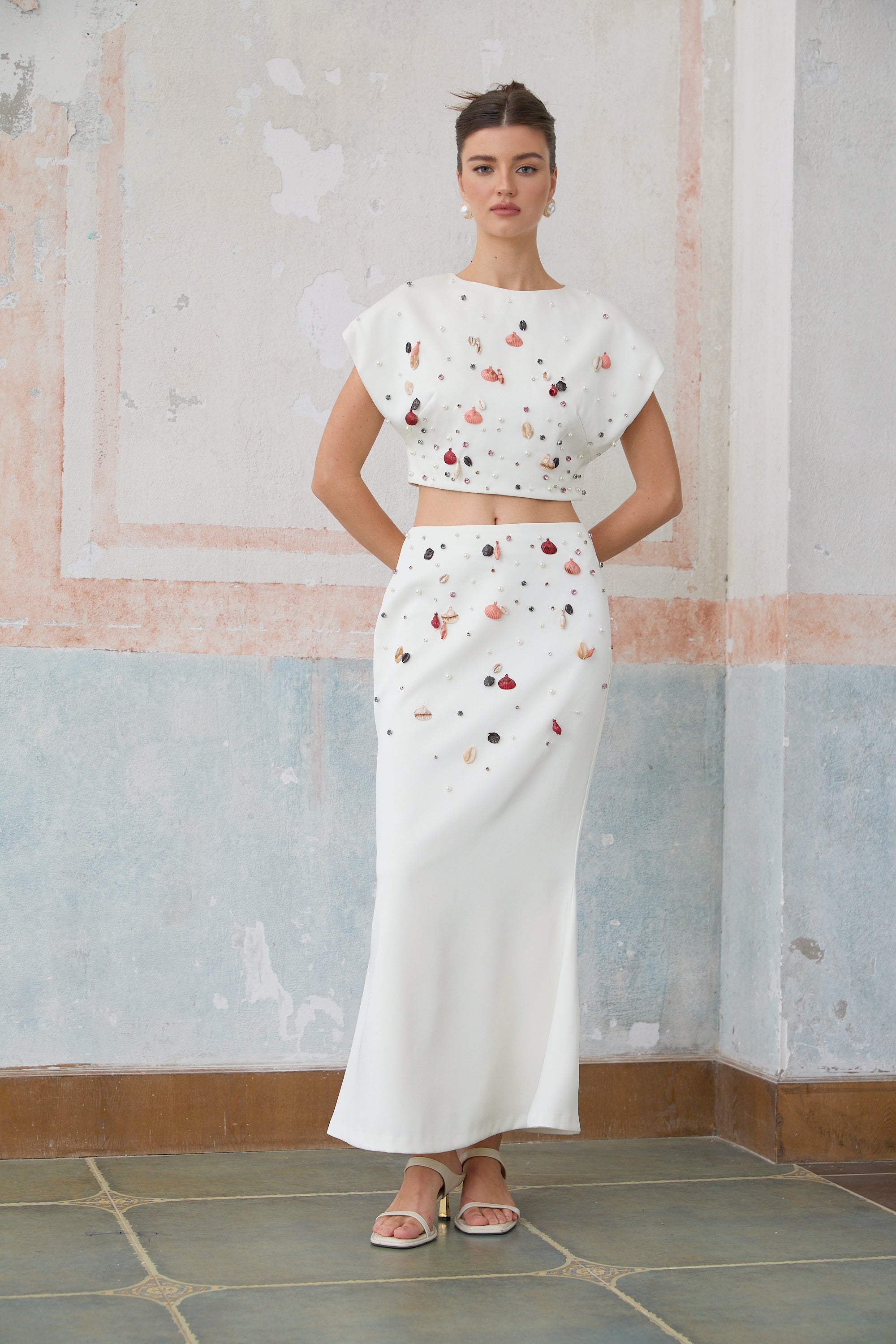 Delphine white shell-embellished top & skirt matching set