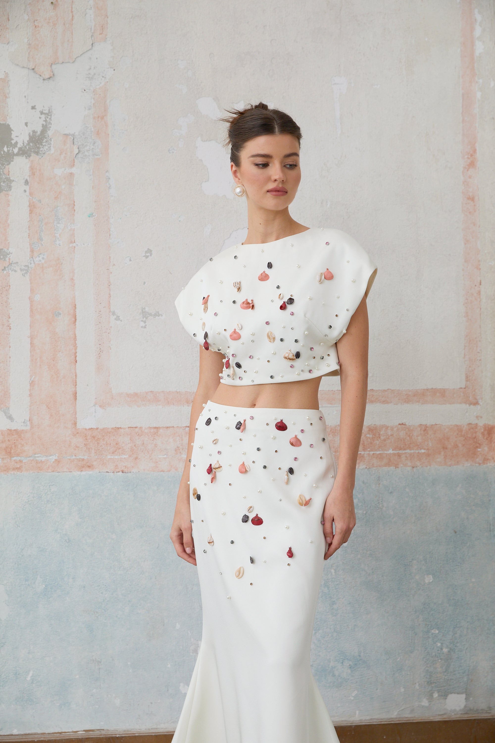 Delphine white shell-embellished top & skirt matching set