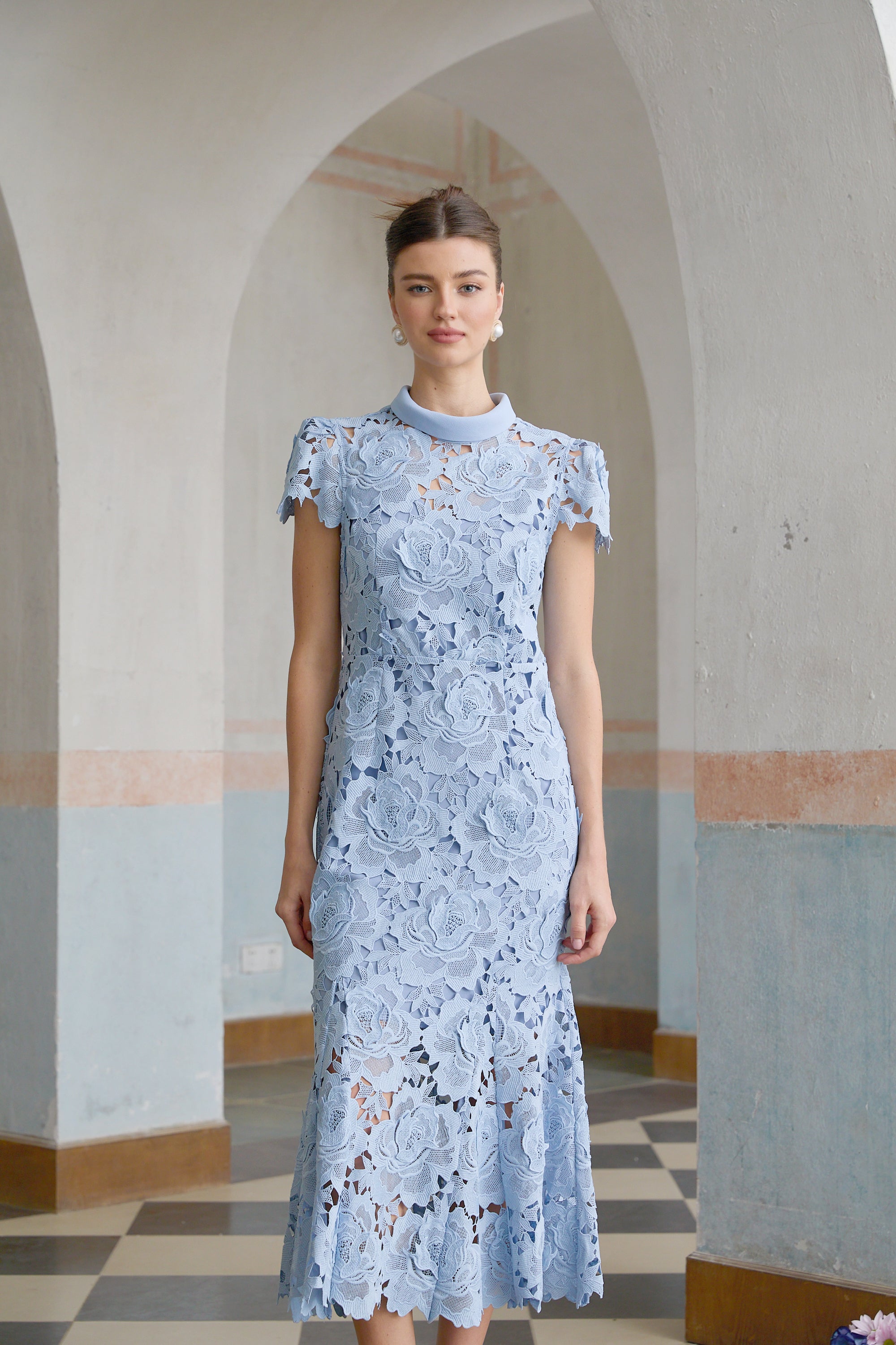 Aurore Blue Floral Appliqué Lace Midi Dress (Final Sale-US Only)