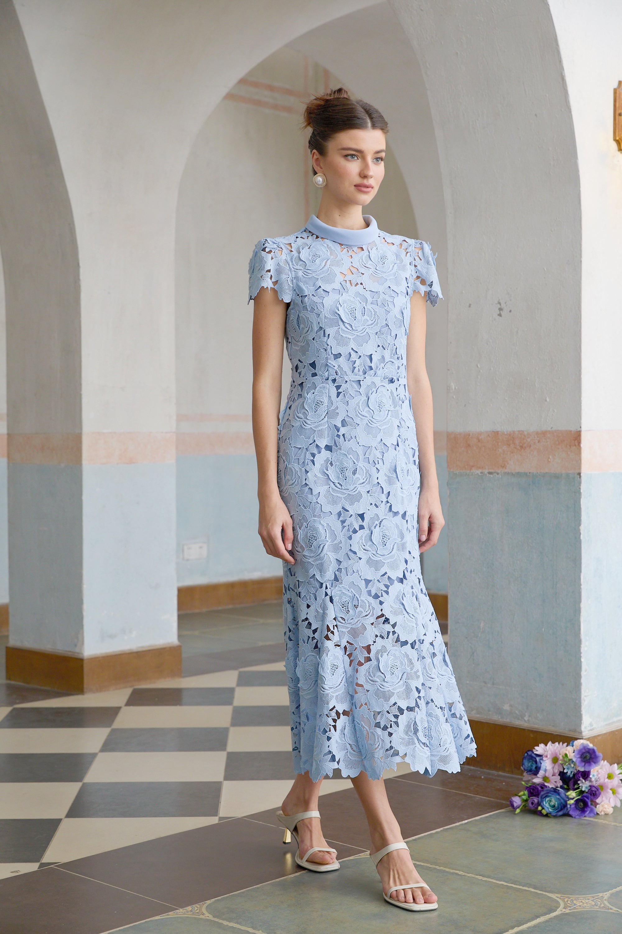 Aurore Blue Floral Appliqué Lace Midi Dress (Final Sale-US Only)