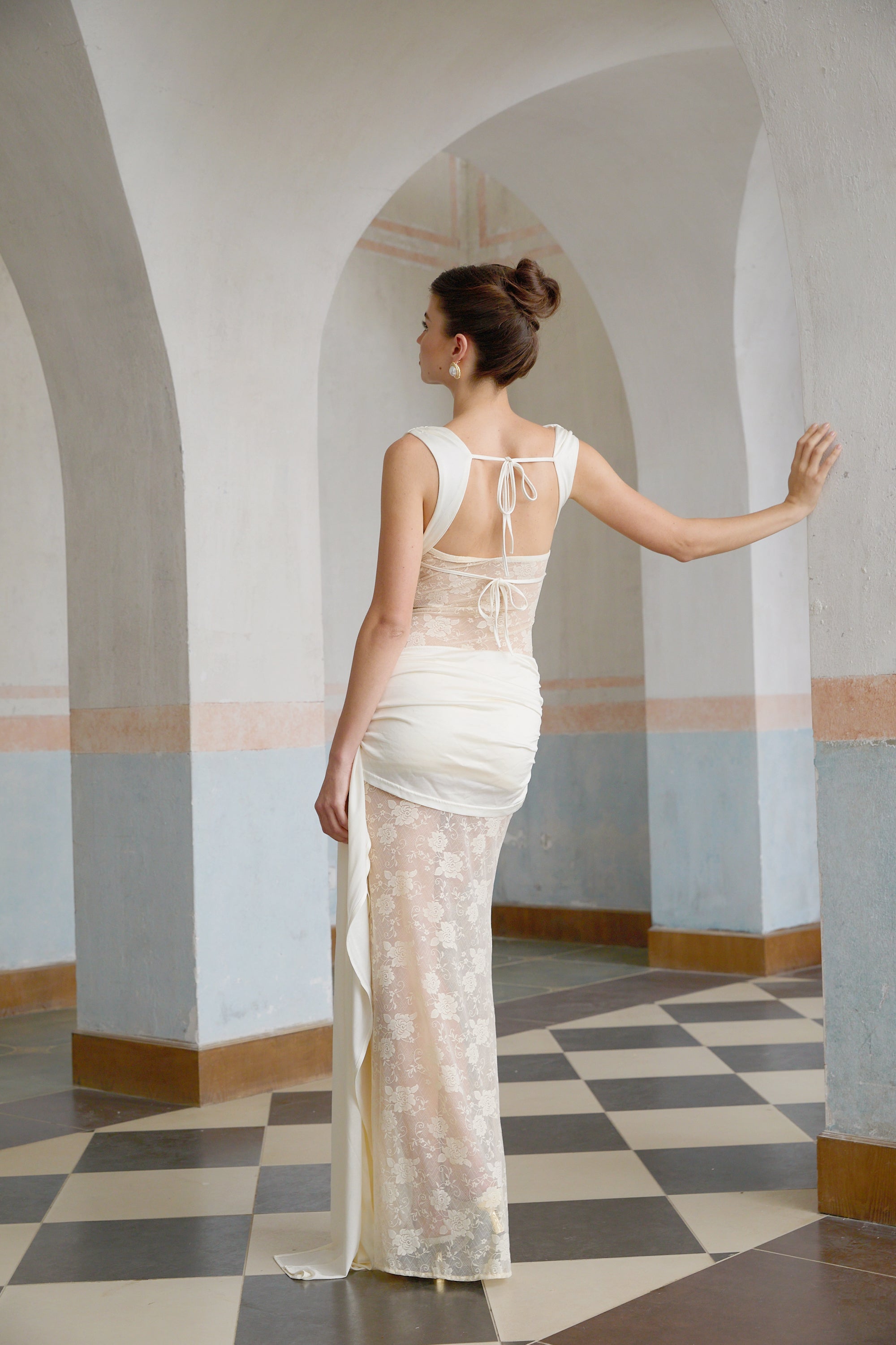 Lilou neutrals ribbon panelled floral-lace maxi dress (Final Sale-US Only)