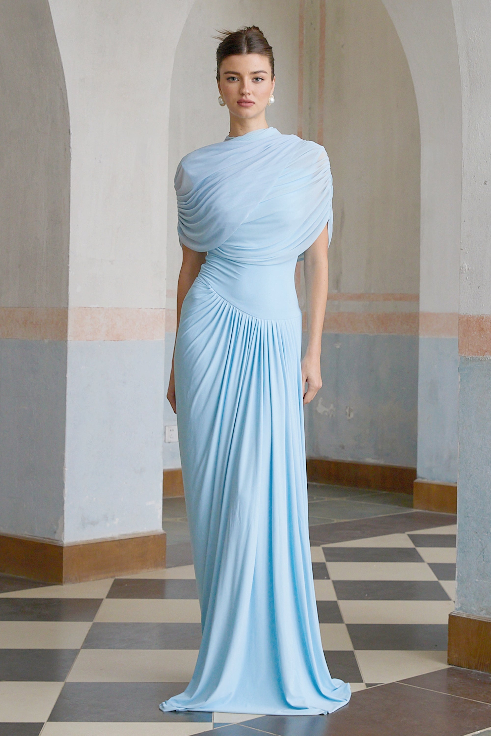 Catherine asymmetric pleated maxi dress in Baby-blue