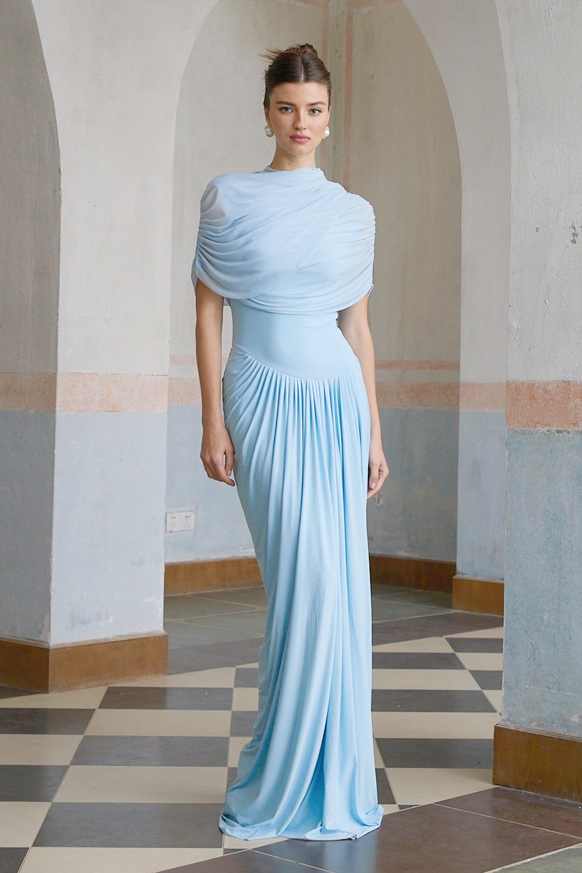 Catherine asymmetric pleated maxi dress in Baby-blue