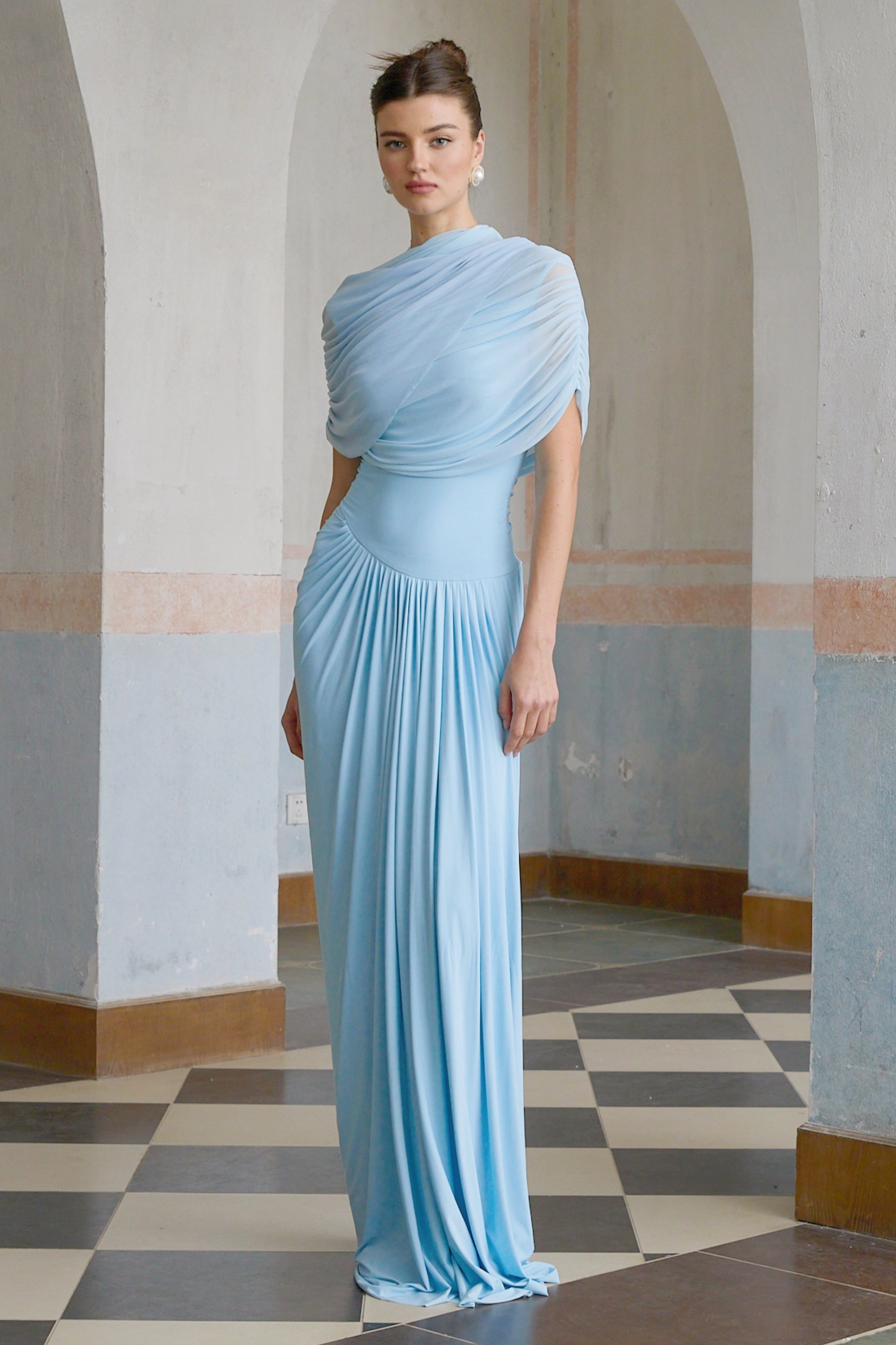 Catherine asymmetric pleated maxi dress in Baby-blue