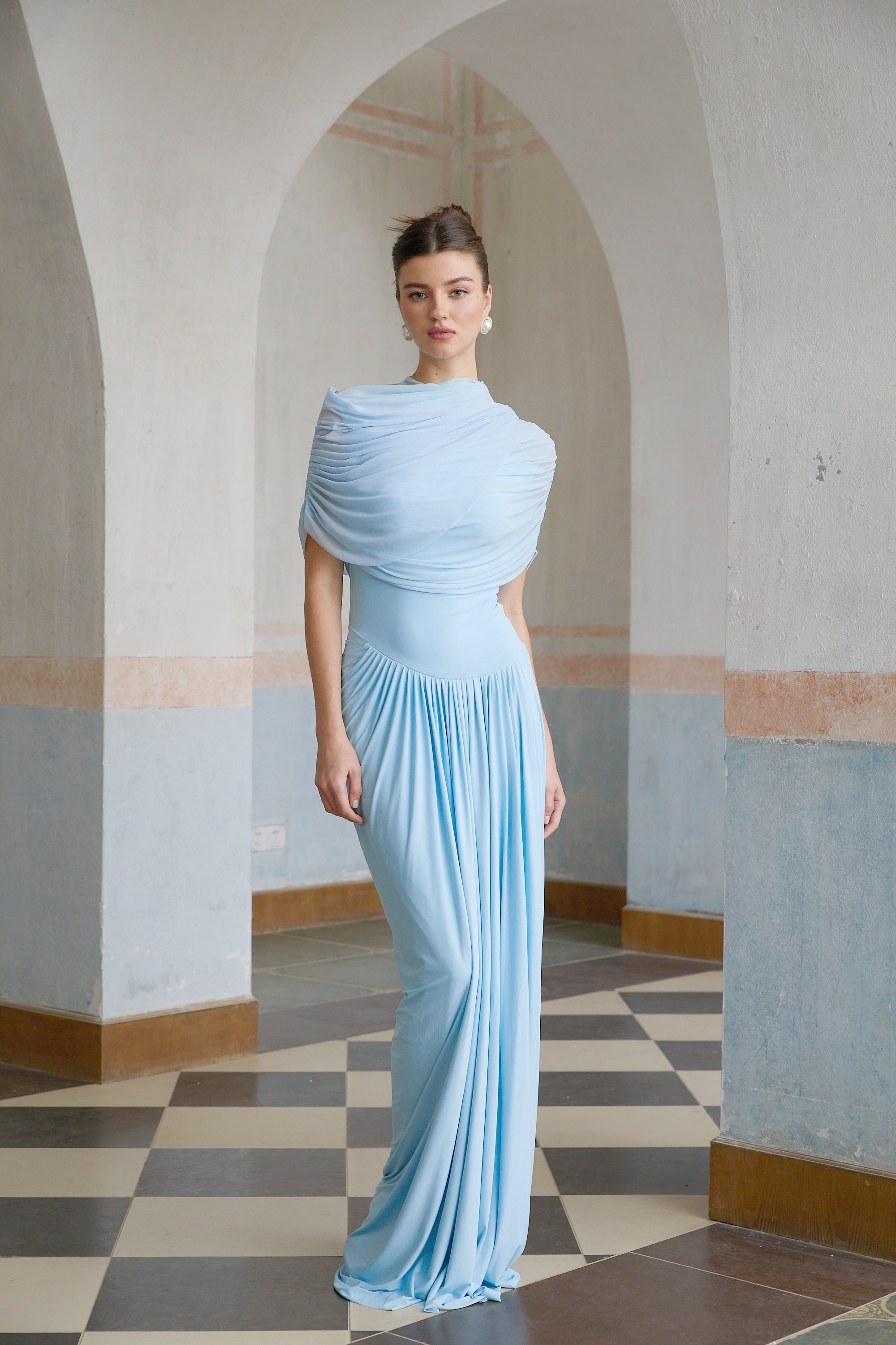 Catherine asymmetric pleated maxi dress in Baby-blue