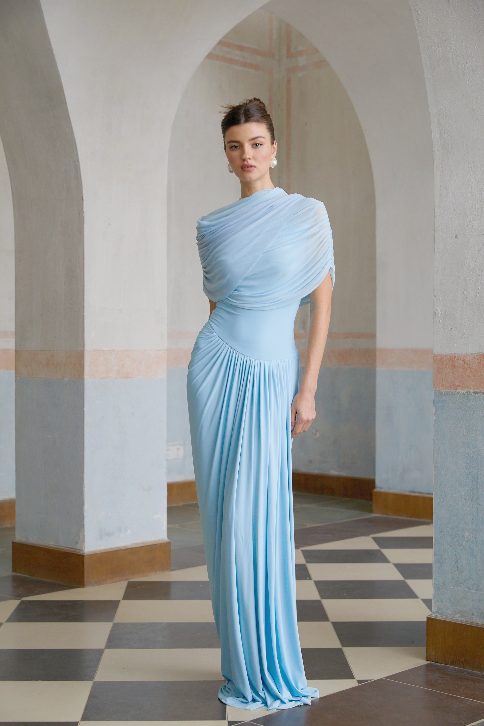 Catherine asymmetric pleated maxi dress in Baby-blue