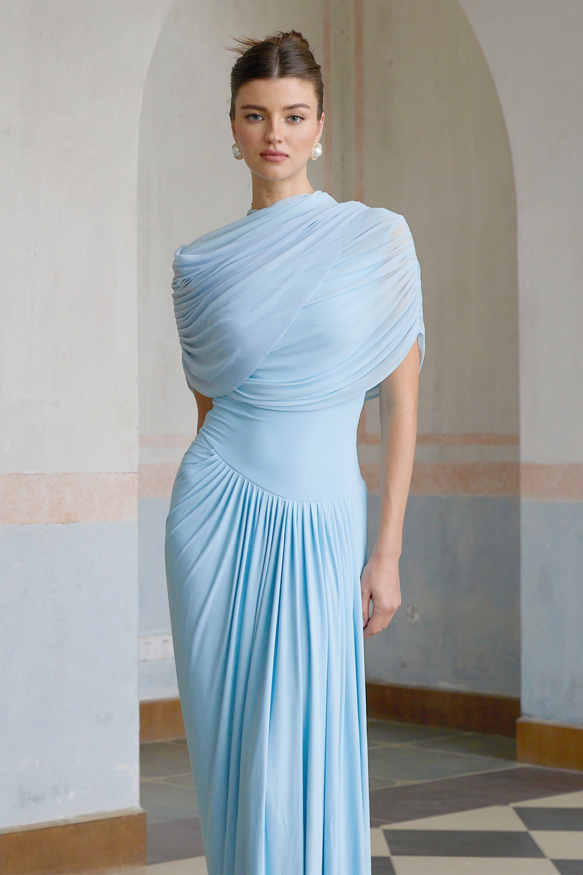 Catherine asymmetric pleated maxi dress in Baby-blue