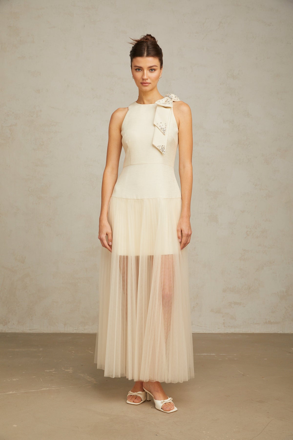 Thérèse bowknot tulle-panelling midi dress in White