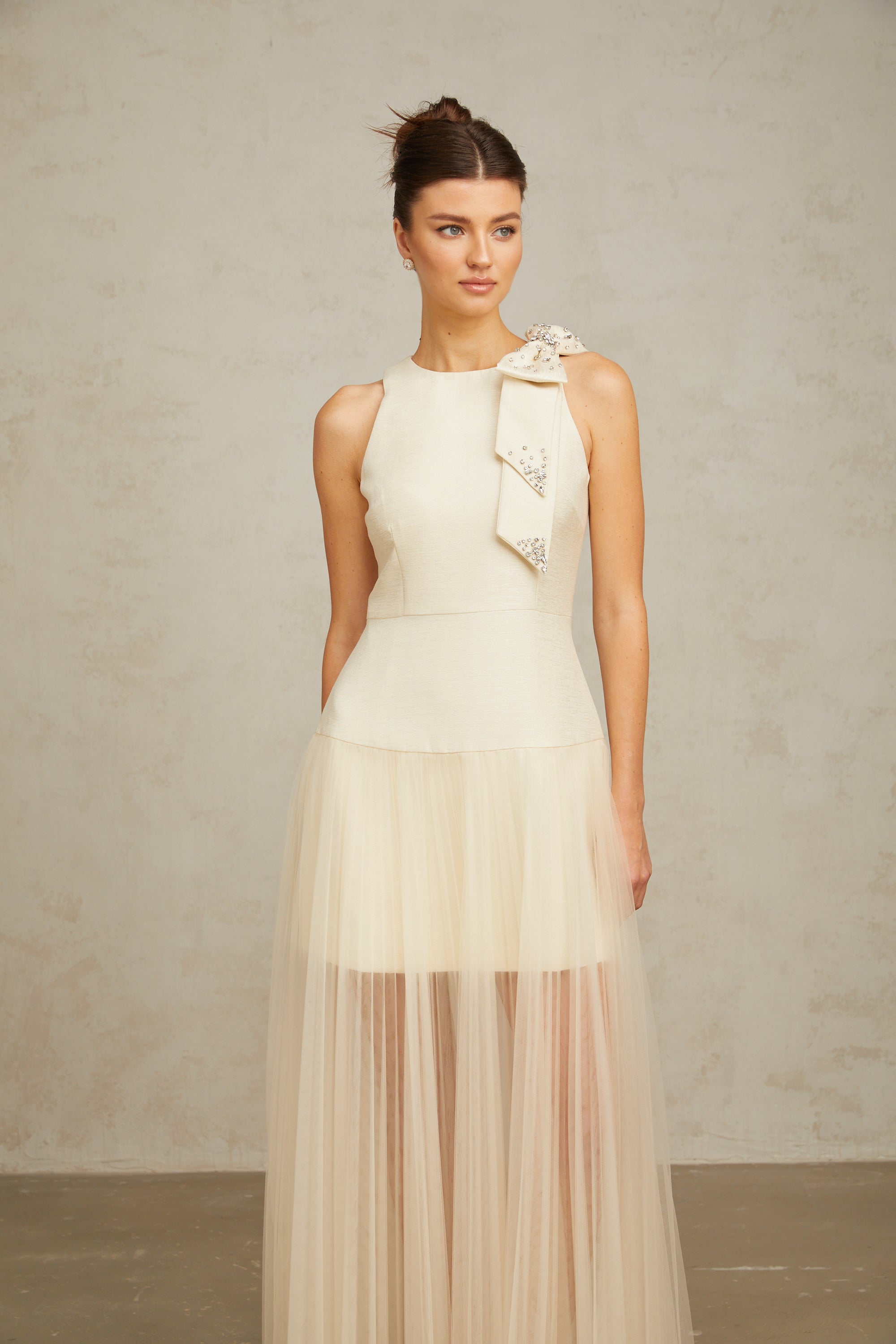 Thérèse bowknot tulle-panelling midi dress in White