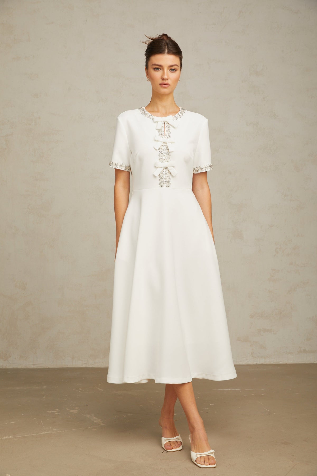 Cassiopeia crystal-accented bow midi dress in White (Final Sale)