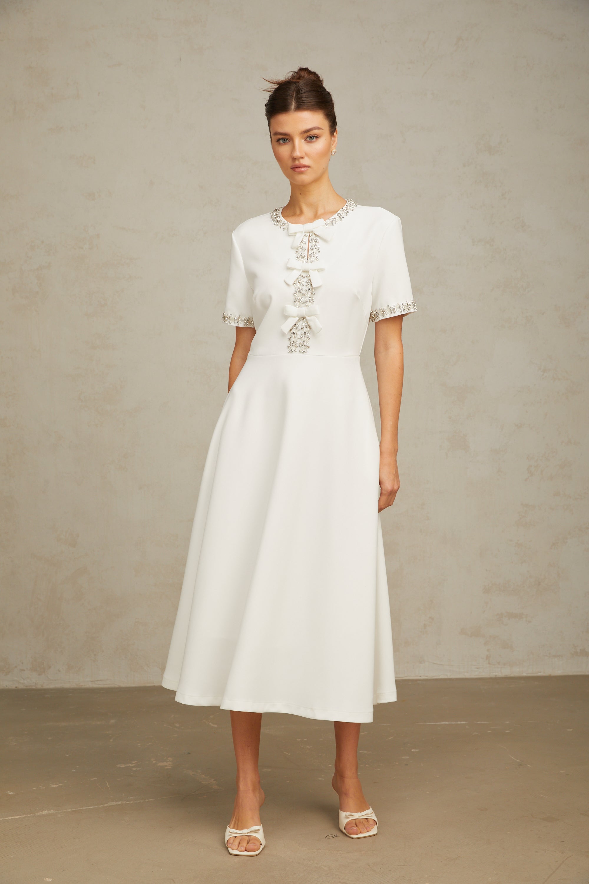 Cassiopeia crystal-accented bow midi dress in White (Final Sale-US Only)